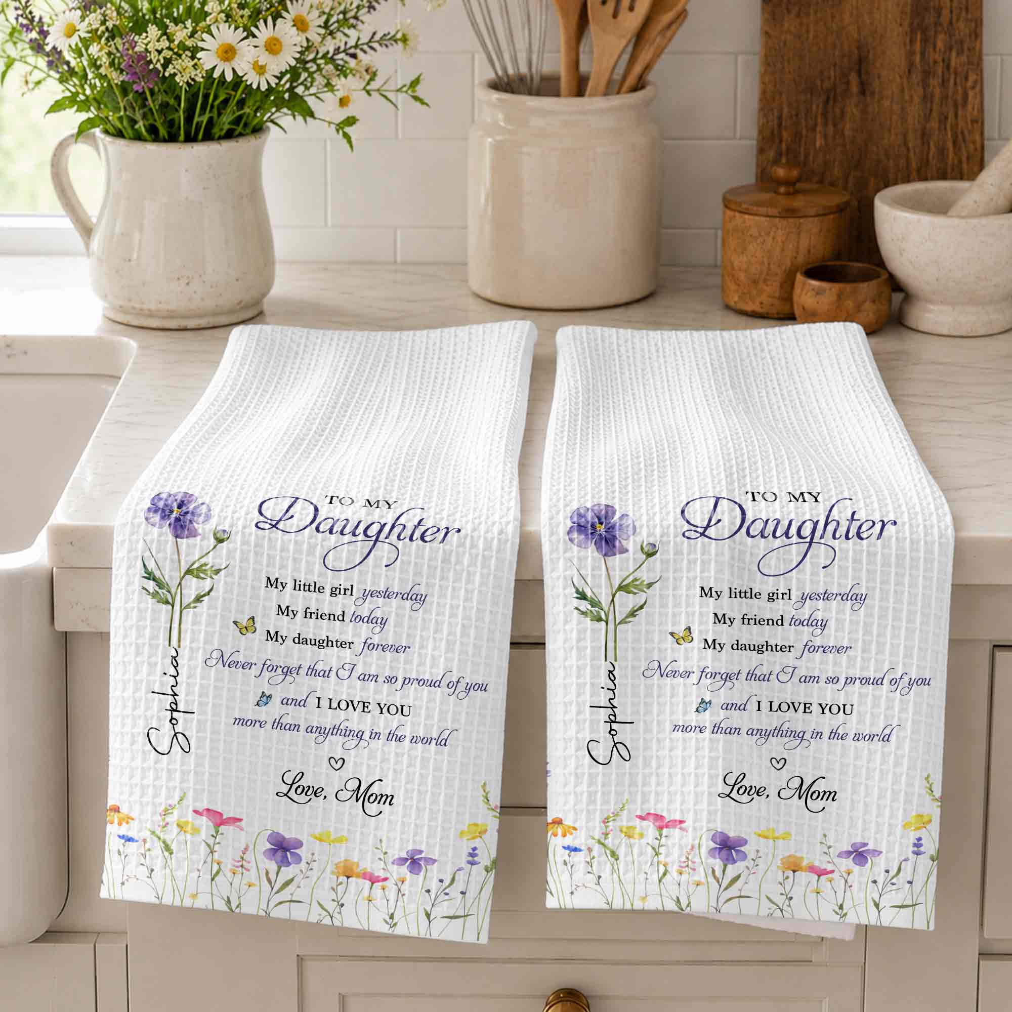 Personalized Kitchen Towel Birth Month Flowers Gift for Daughter