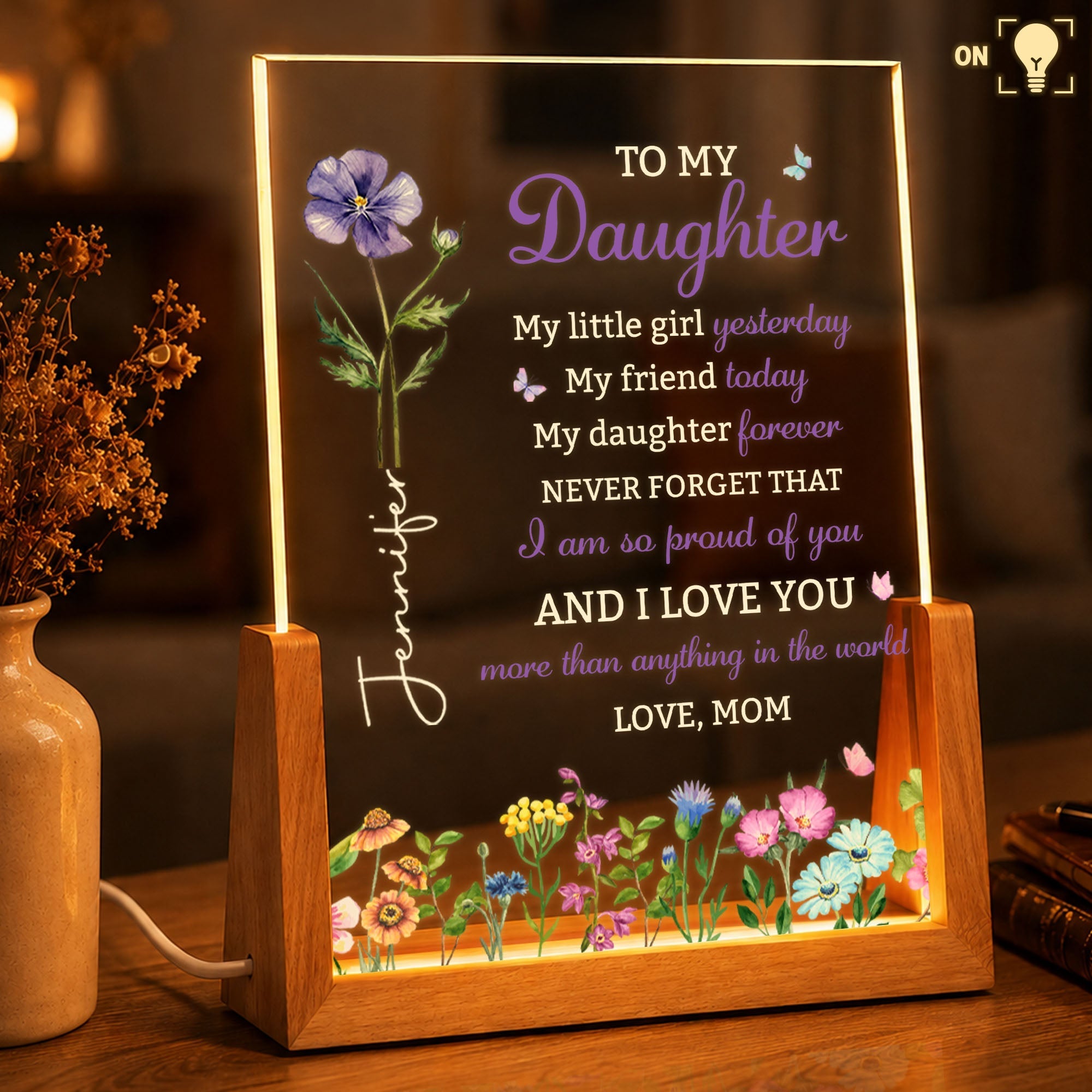 Personalized Acrylic Night Light with Wooden Base for Daughter Gift