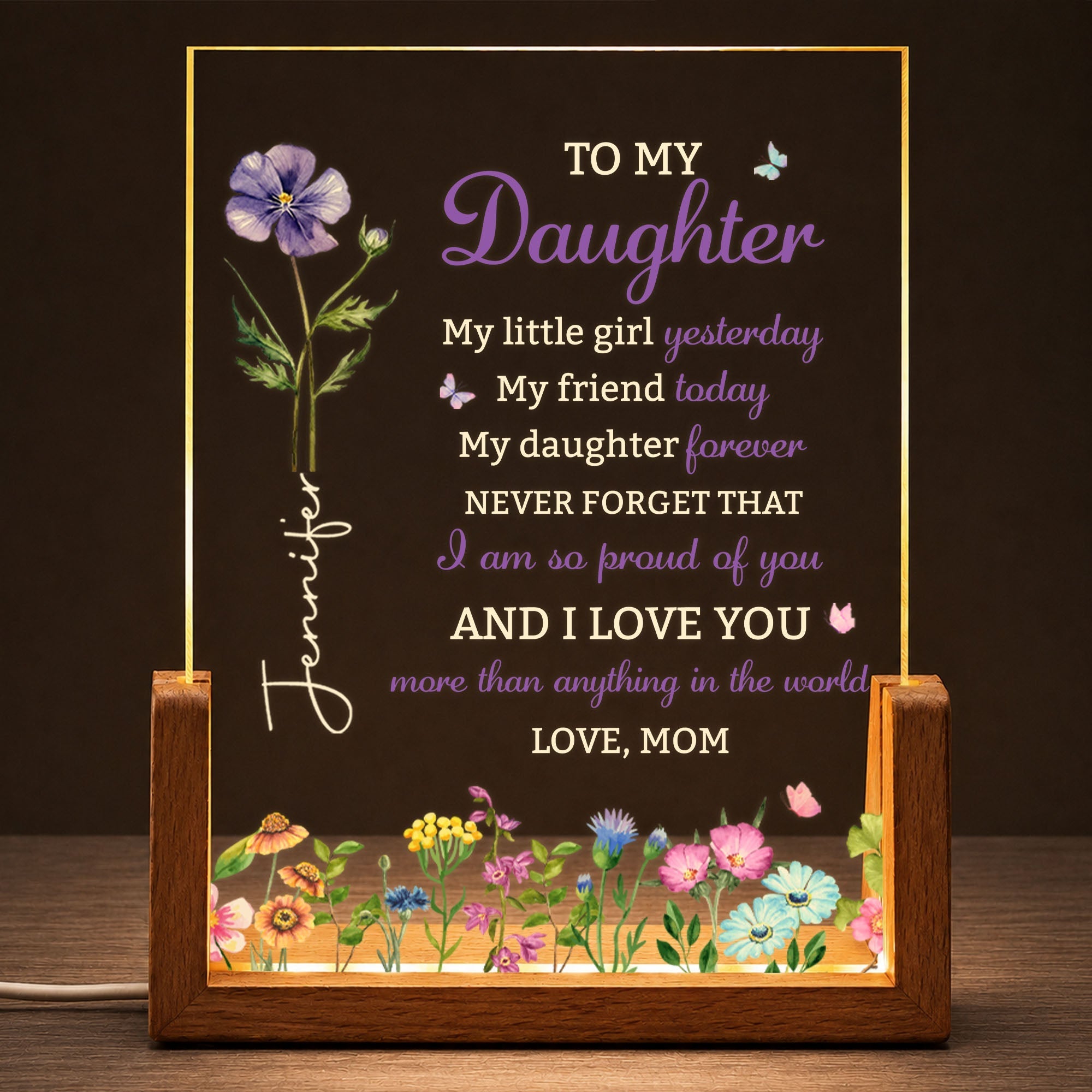 Personalized Acrylic Night Light with Wooden Base for Daughter Gift