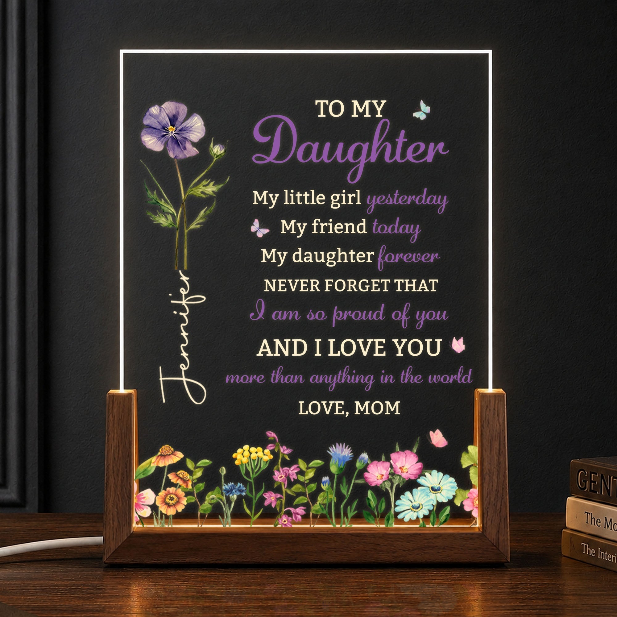 Personalized Acrylic Night Light with Wooden Base for Daughter Gift