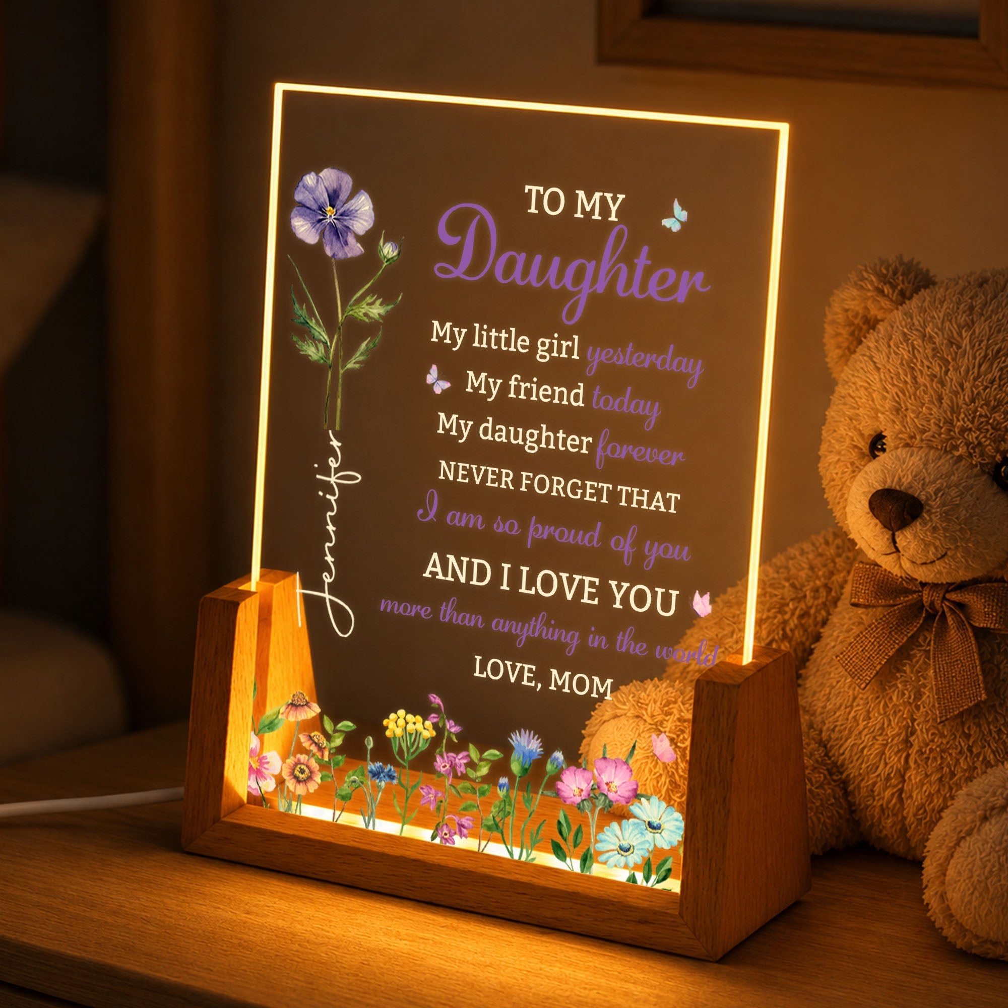 Personalized Acrylic Night Light with Wooden Base for Daughter Gift