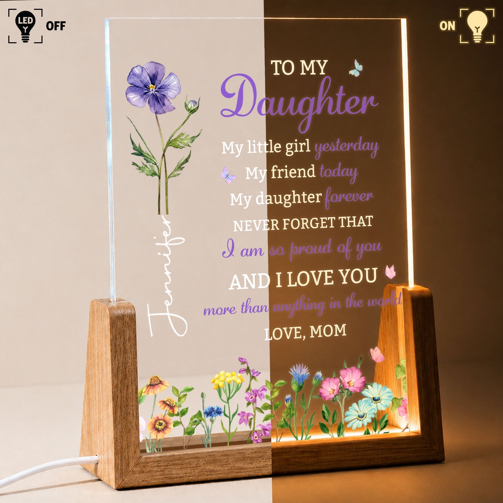 Personalized Acrylic Night Light with Wooden Base for Daughter Gift