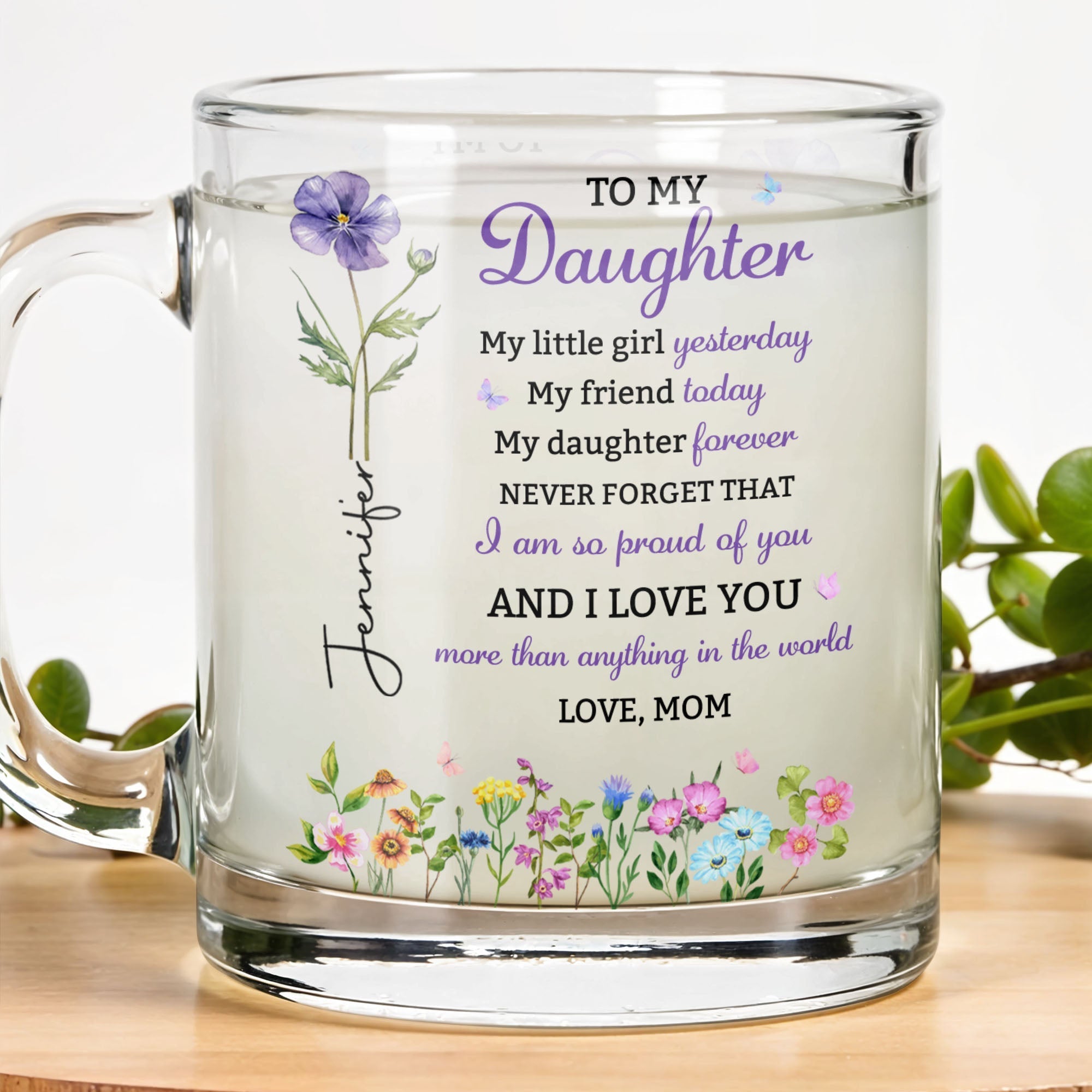 Personalized Glass Mug Custom Birth Month Flowers Gift for Daughter