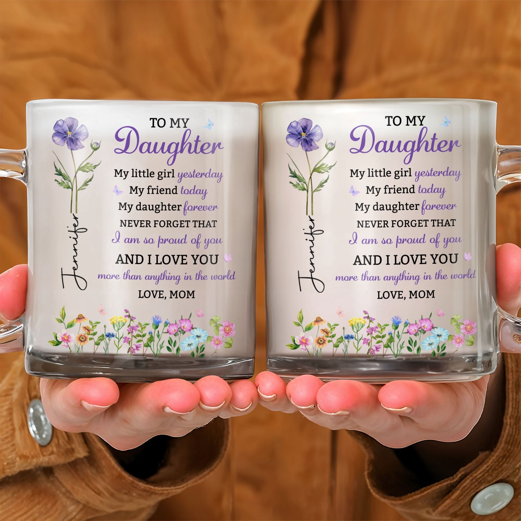 Personalized Glass Mug Custom Birth Month Flowers Gift for Daughter