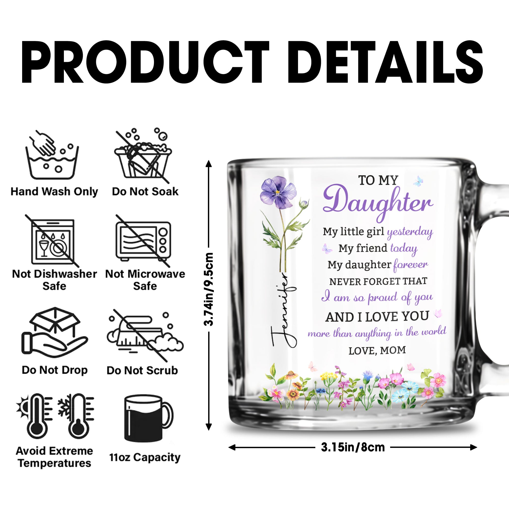 Personalized Glass Mug Custom Birth Month Flowers Gift for Daughter