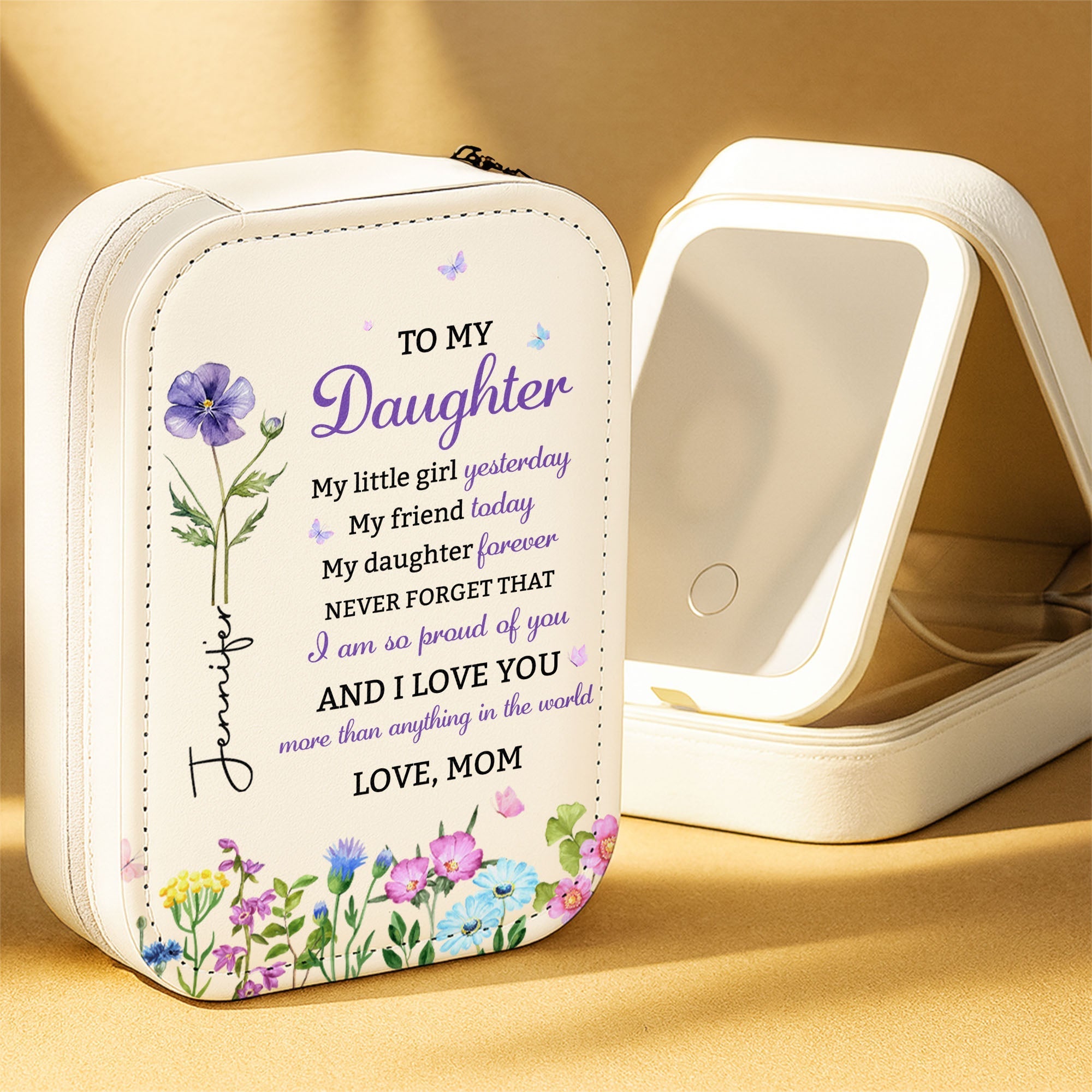 Personalized Jewelry Box with LED Mirror Custom Name Gift for Daughter