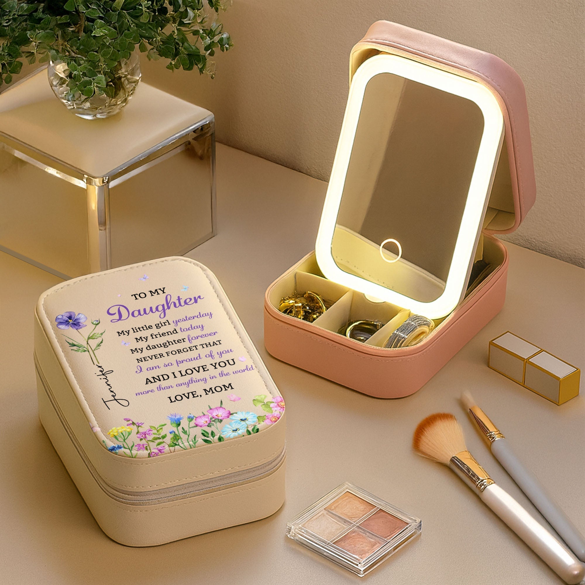 Personalized Jewelry Box with LED Mirror Custom Name Gift for Daughter