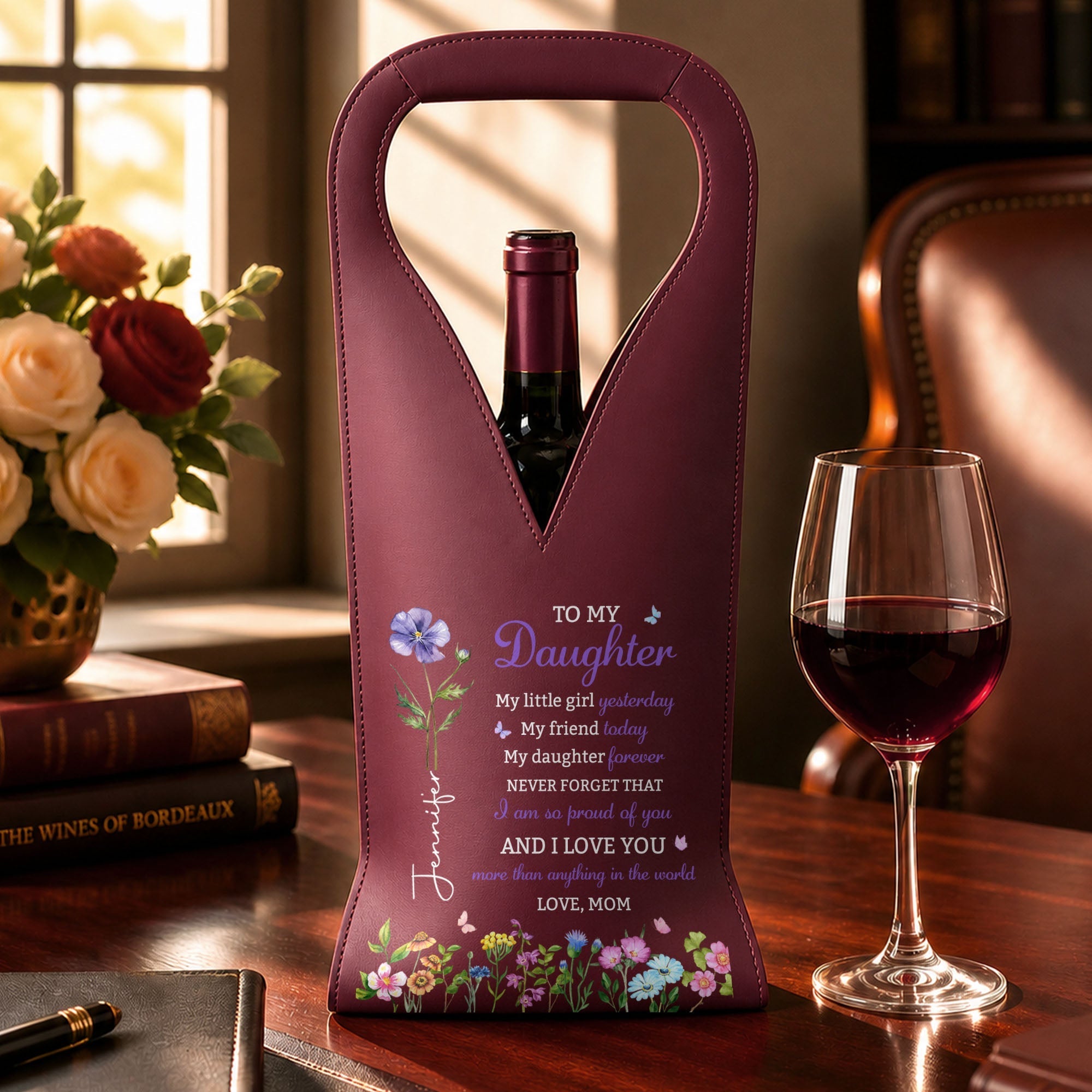 Personalized Leather Wine Bag Custom Name Gift for Daughter