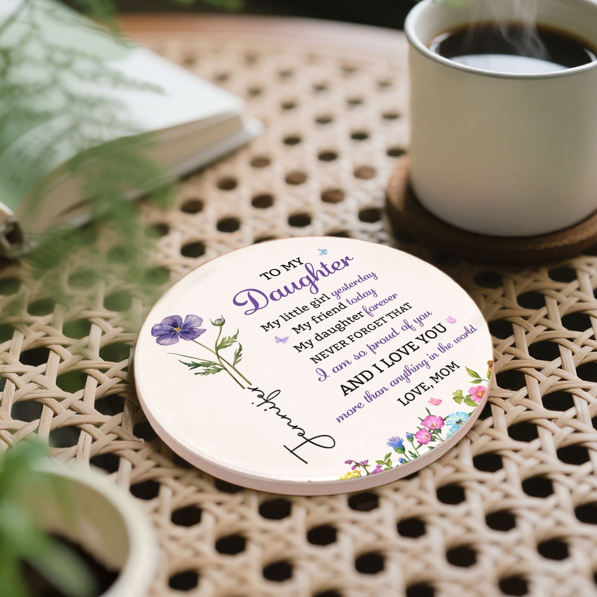 Personalized Birth Flower Coaster Custom Gift for Daughter
