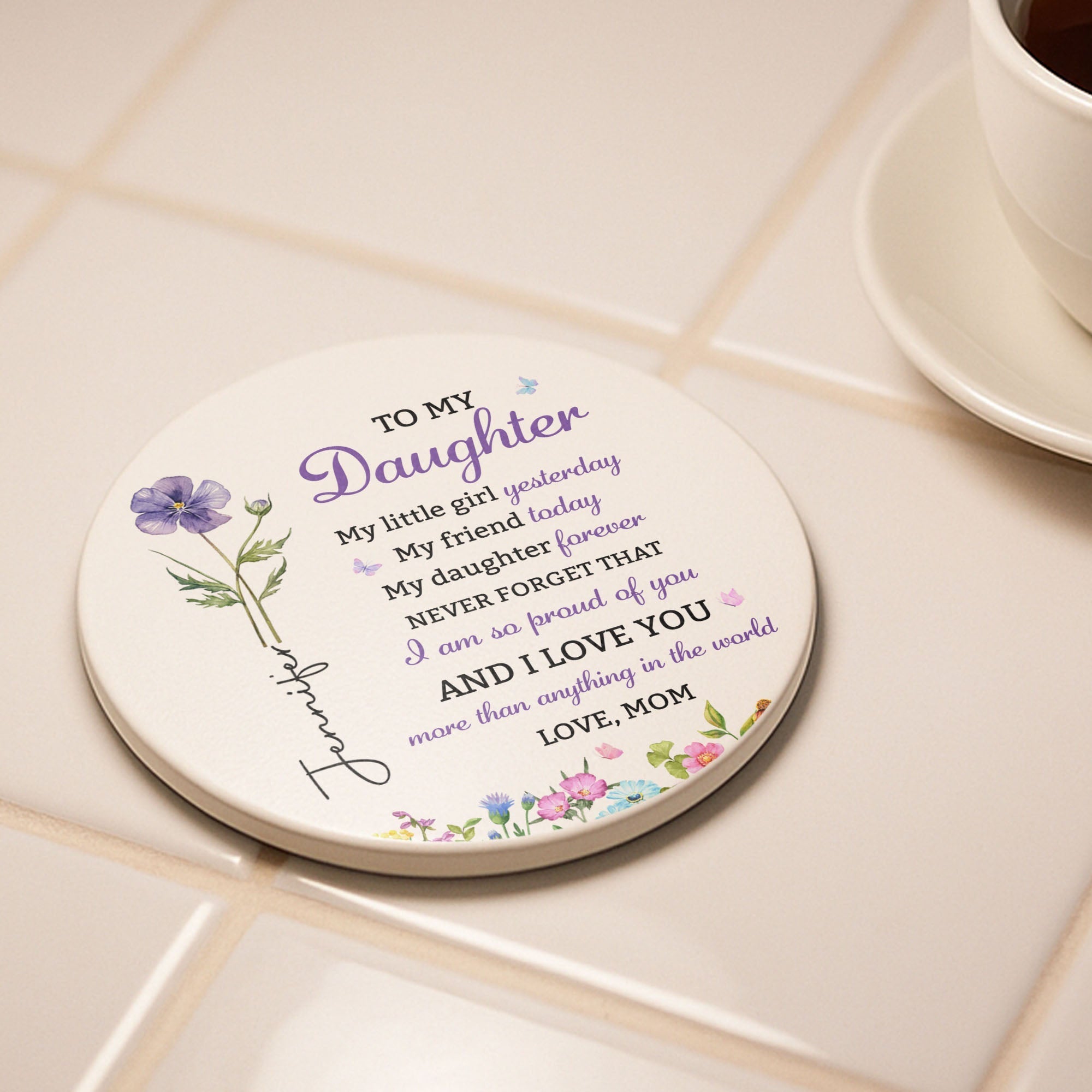 Personalized Birth Flower Coaster Custom Gift for Daughter