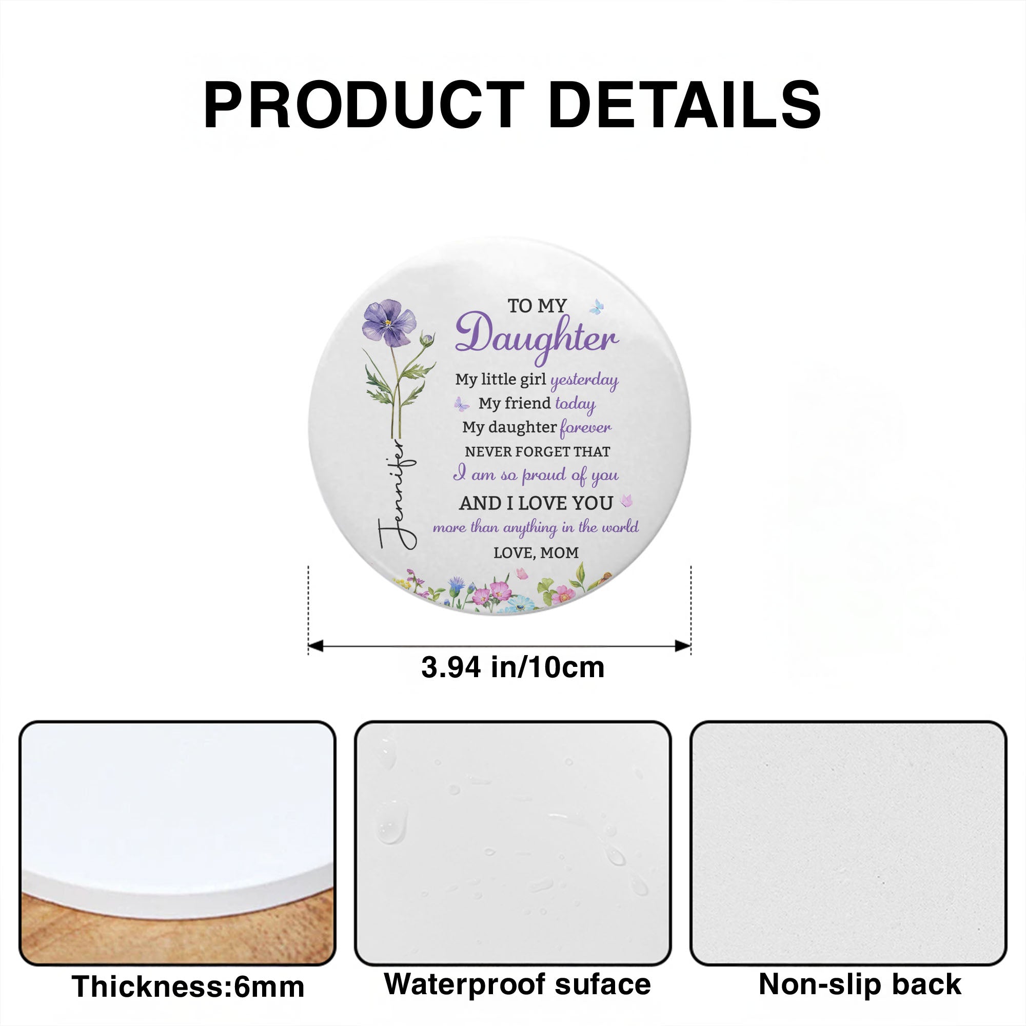 Personalized Birth Flower Coaster Custom Gift for Daughter
