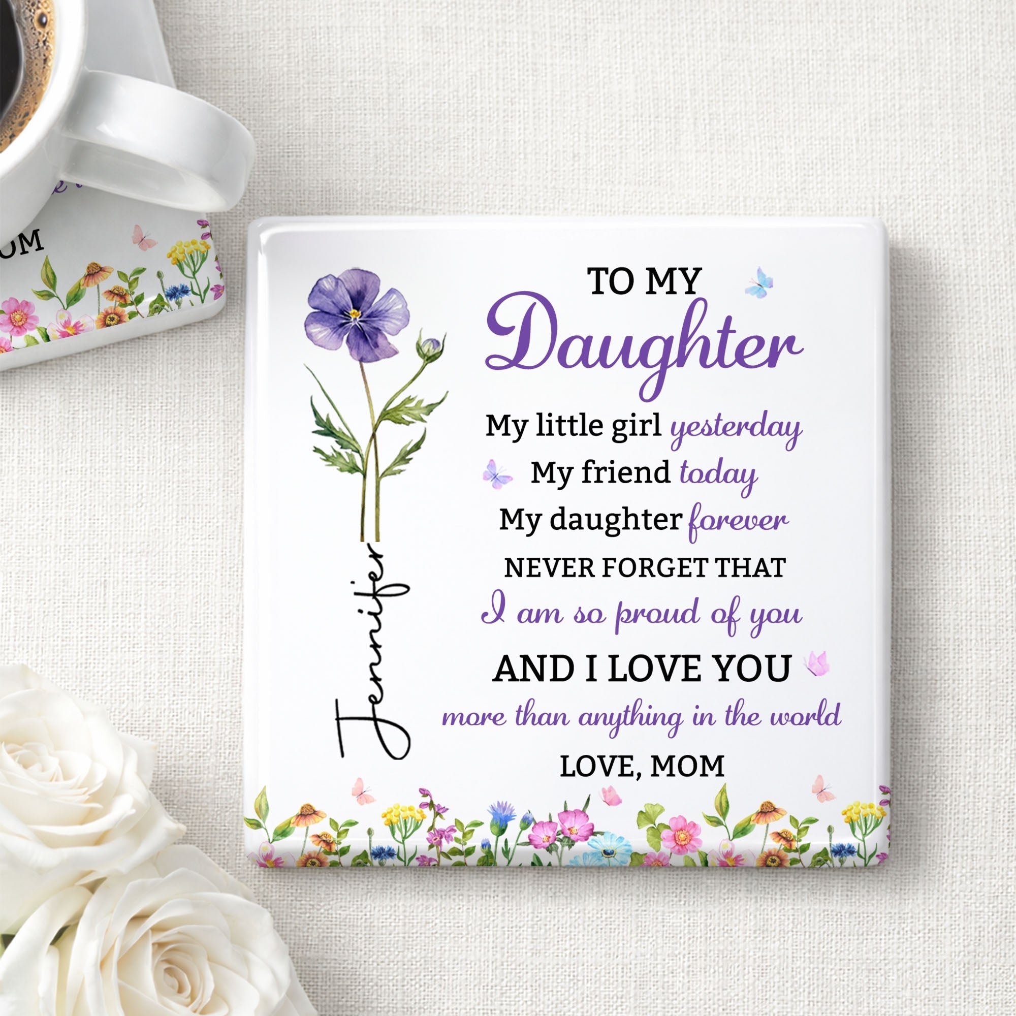 Personalized Square Ceramic Coaster Gift for Daughter - Butterfly Design