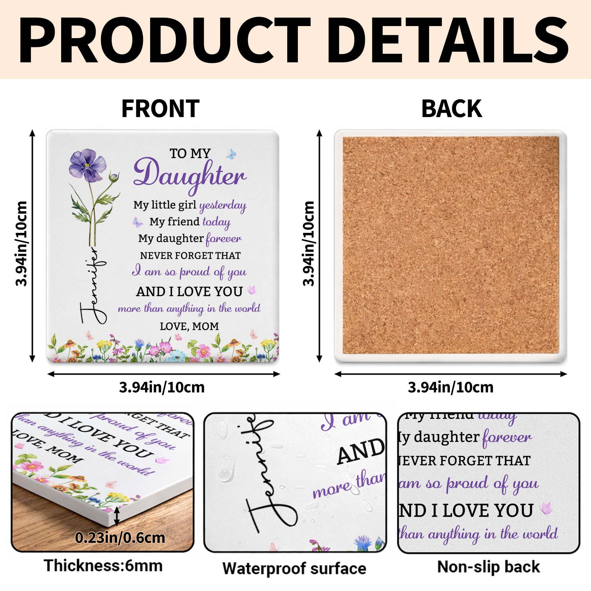 Personalized Square Ceramic Coaster Gift for Daughter - Butterfly Design