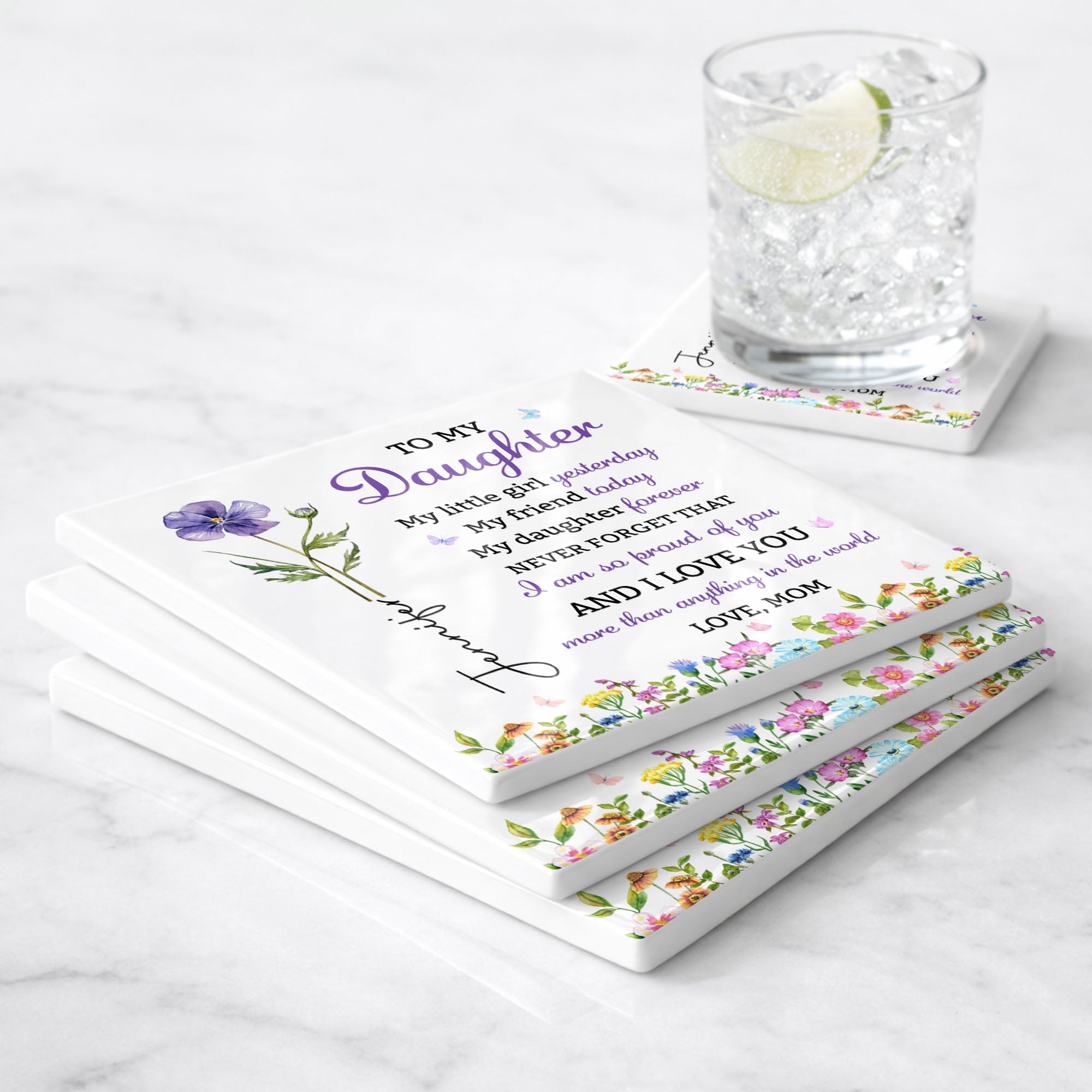 Personalized Square Ceramic Coaster Gift for Daughter - Butterfly Design