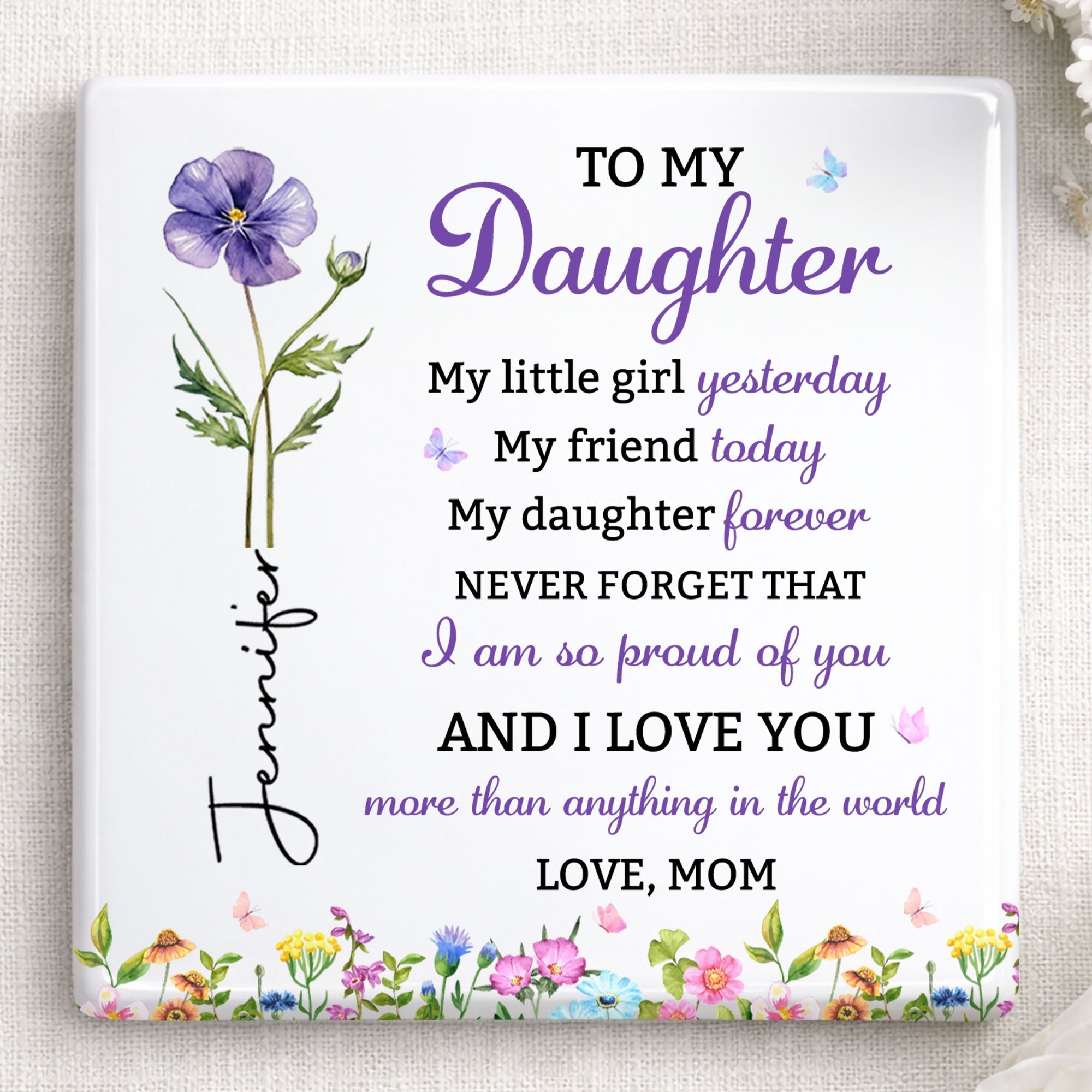 Personalized Square Ceramic Coaster Gift for Daughter - Butterfly Design