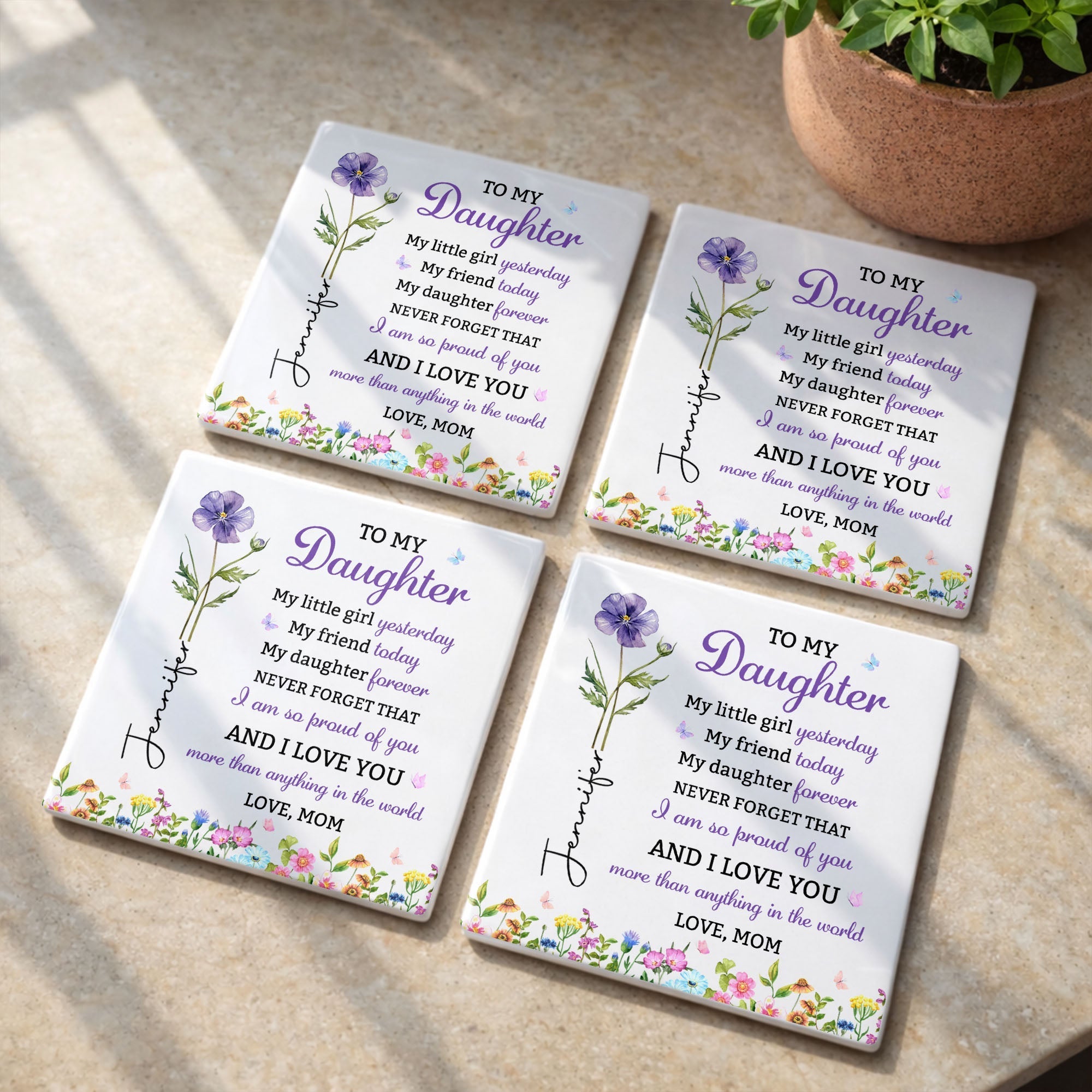 Personalized Square Ceramic Coaster Gift for Daughter - Butterfly Design