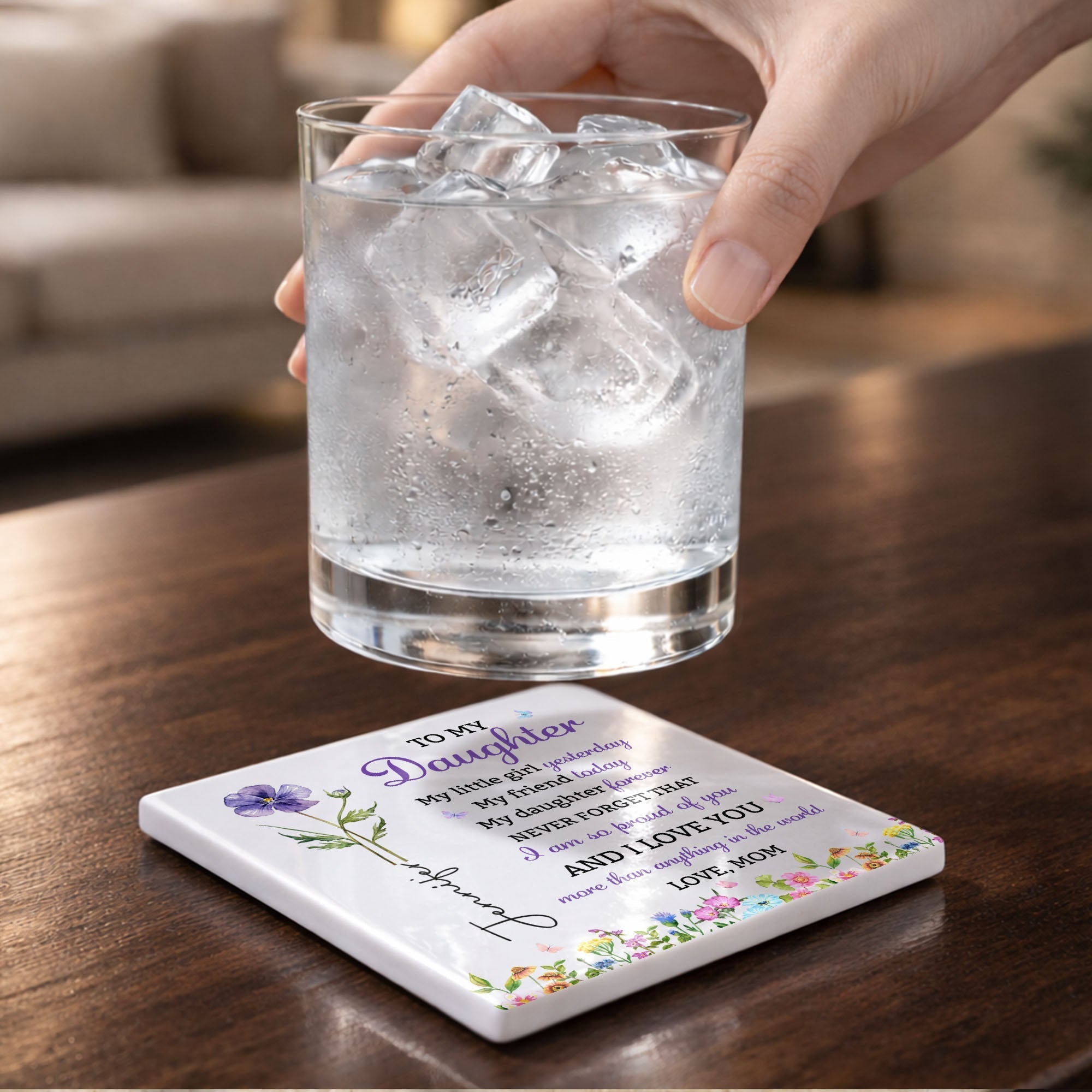 Personalized Square Ceramic Coaster Gift for Daughter - Butterfly Design