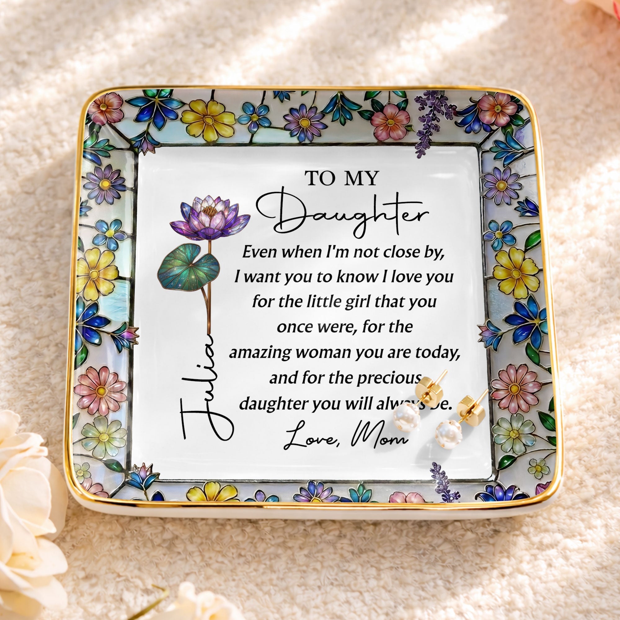 Personalized Ceramic Jewelry Dish Birth Month Flowers Gift for Daughter