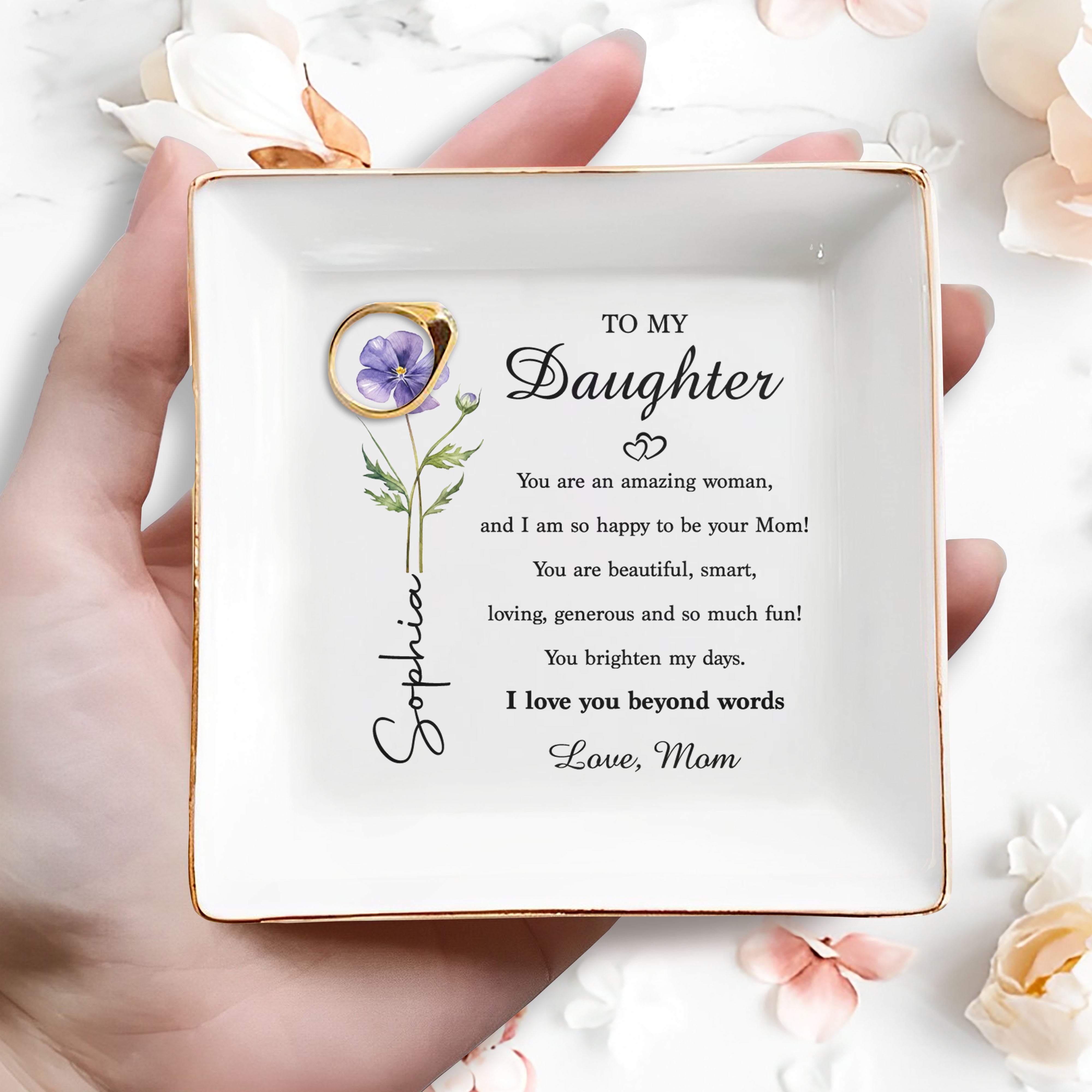 Personalized Ceramic Jewelry Dish Birth Month Flower Gift for Daughter