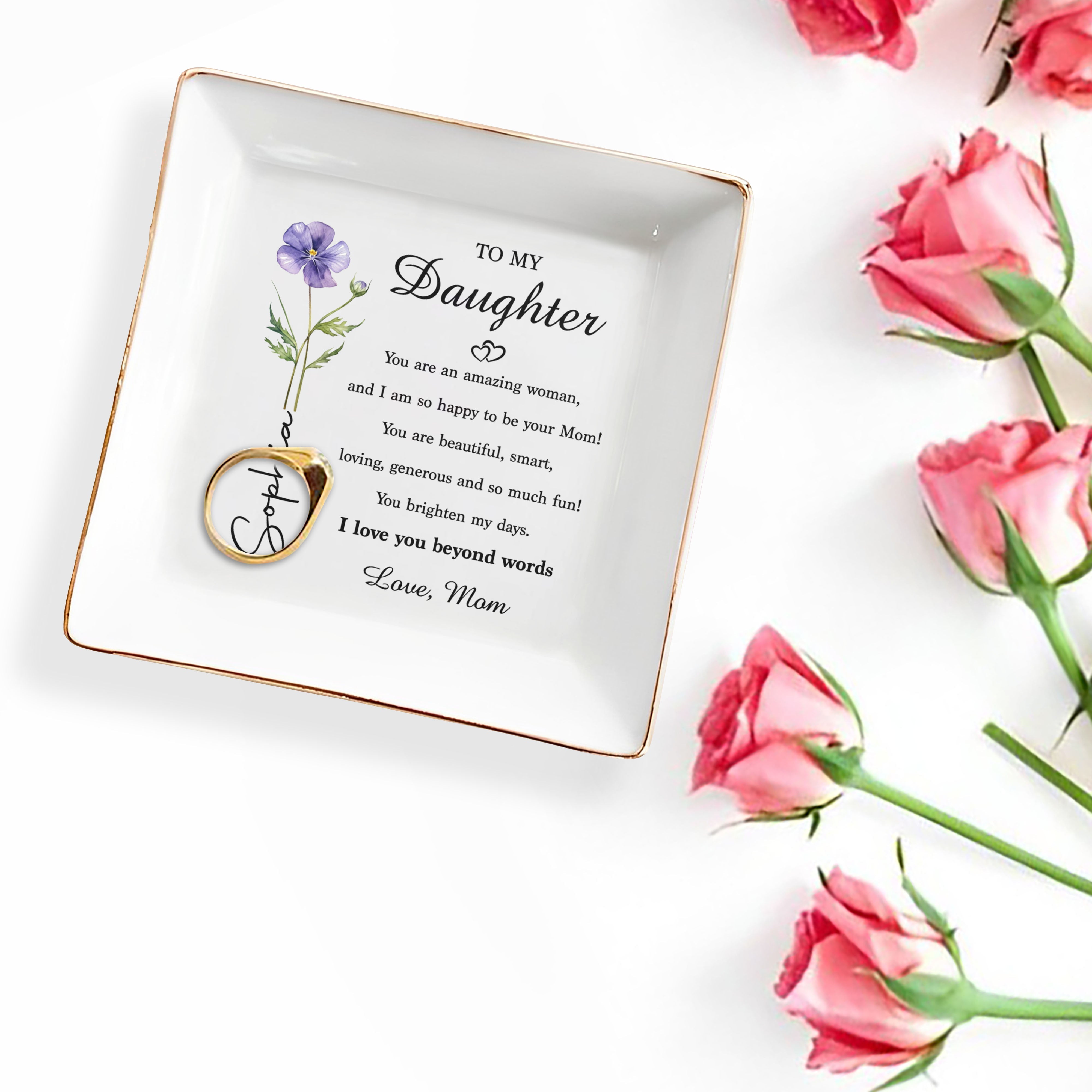 Personalized Ceramic Jewelry Dish Birth Month Flower Gift for Daughter