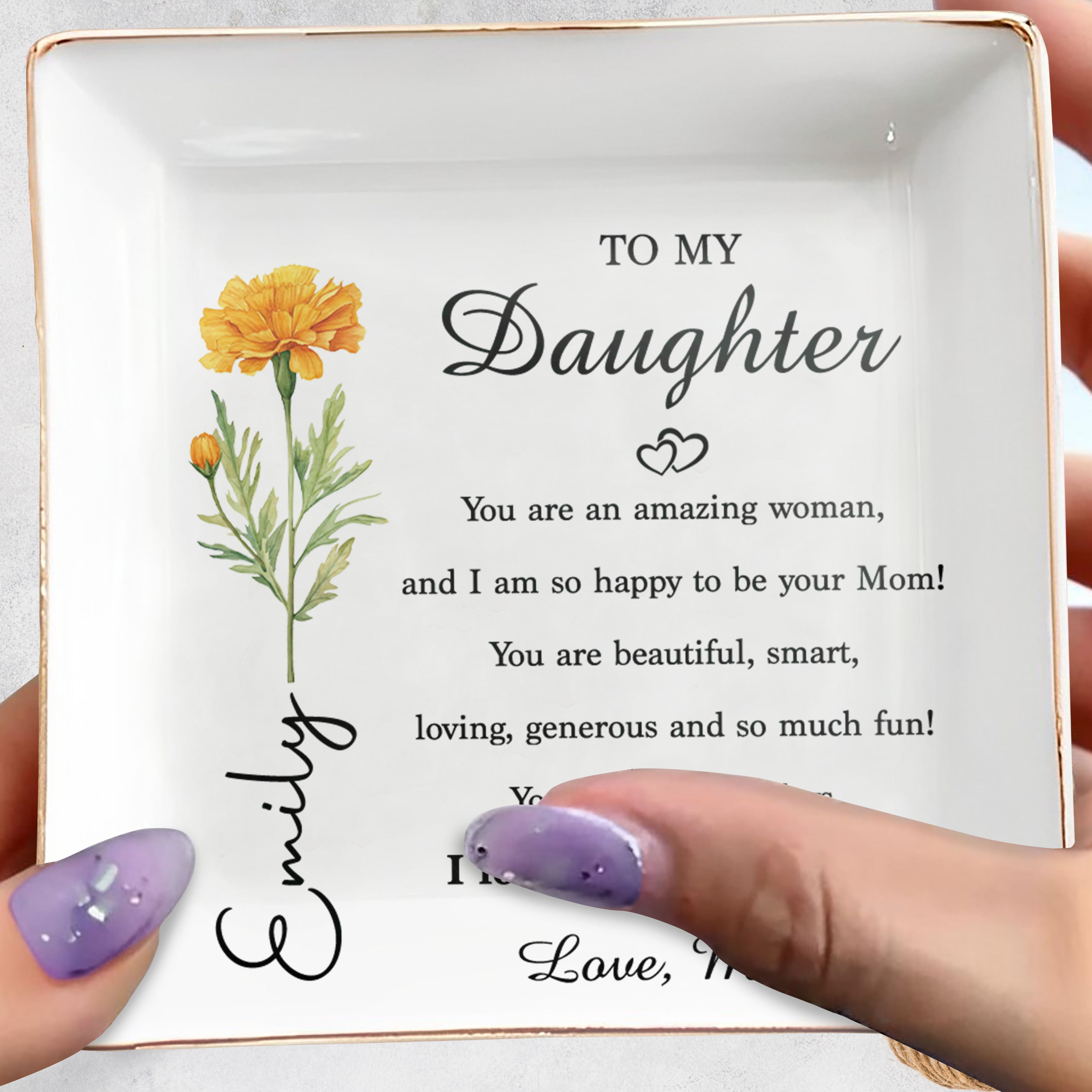 Personalized Ceramic Jewelry Dish Birth Month Flower Gift for Daughter