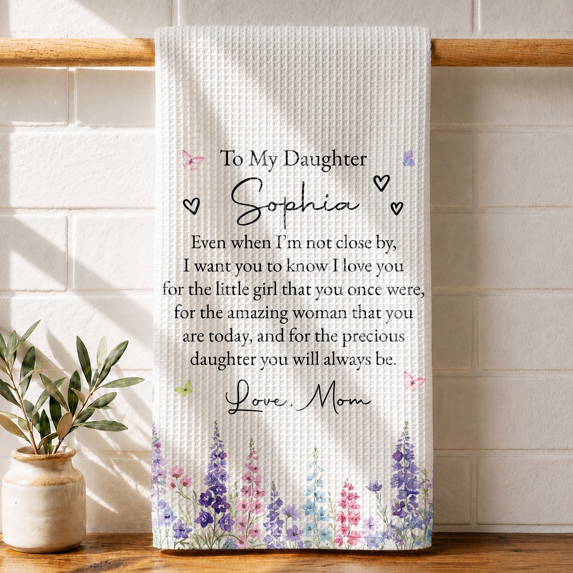 Personalized Kitchen Towel for Daughter with Flowers & Butterflies Gift