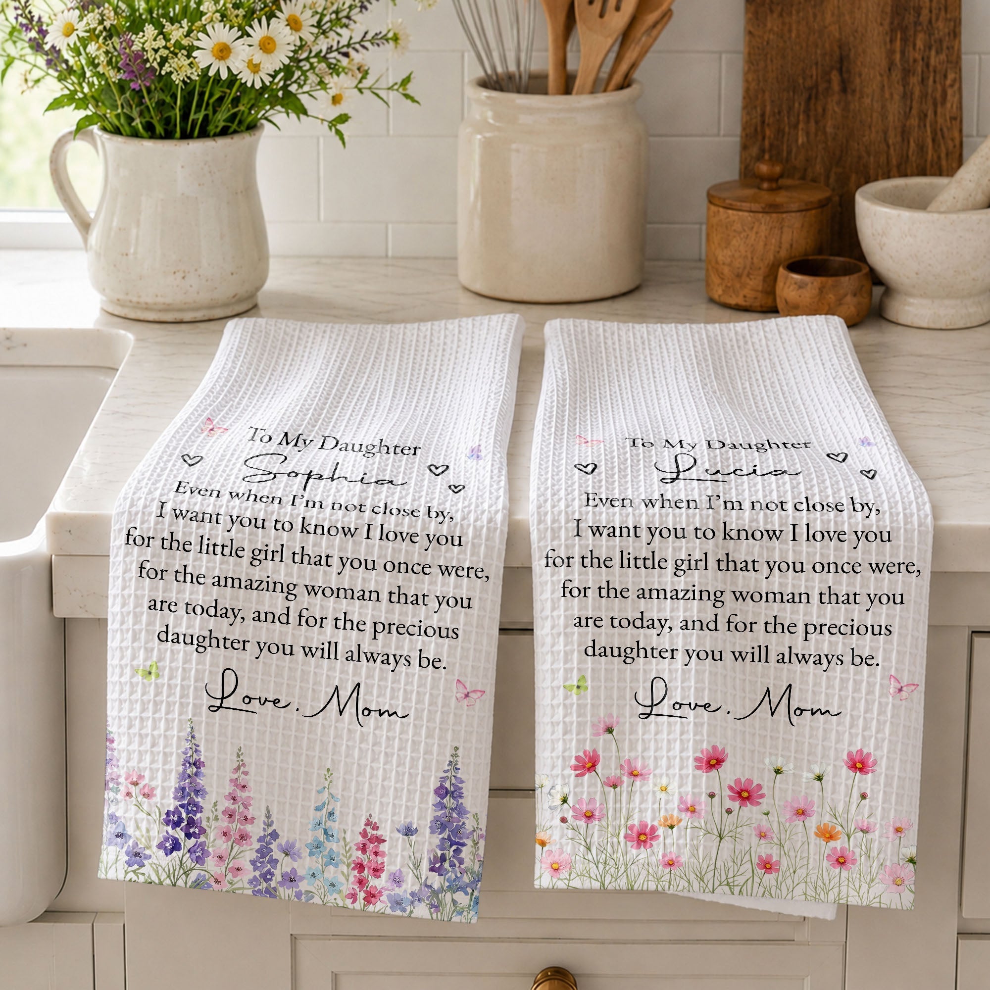 Personalized Kitchen Towel for Daughter with Flowers & Butterflies Gift