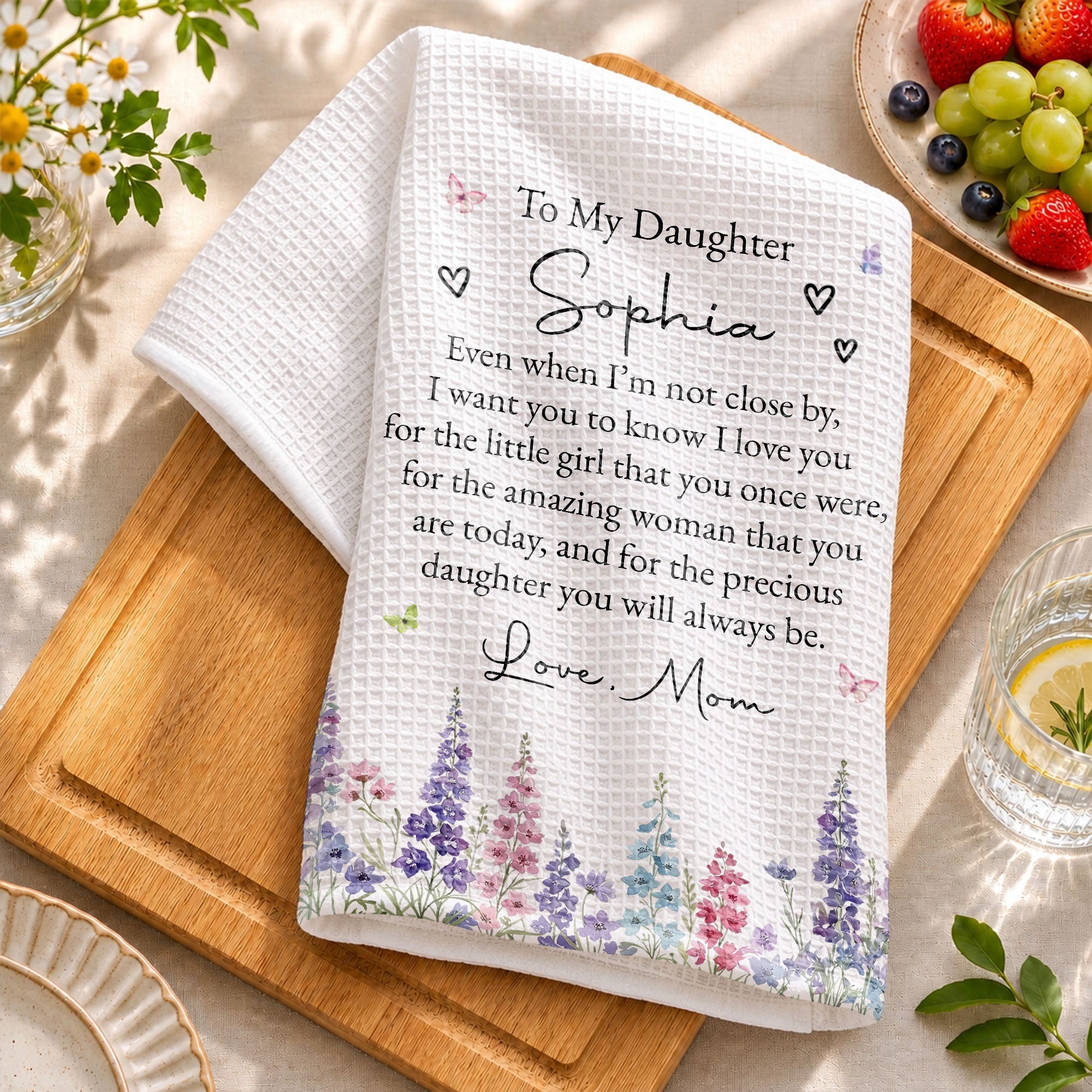 Personalized Kitchen Towel for Daughter with Flowers & Butterflies Gift