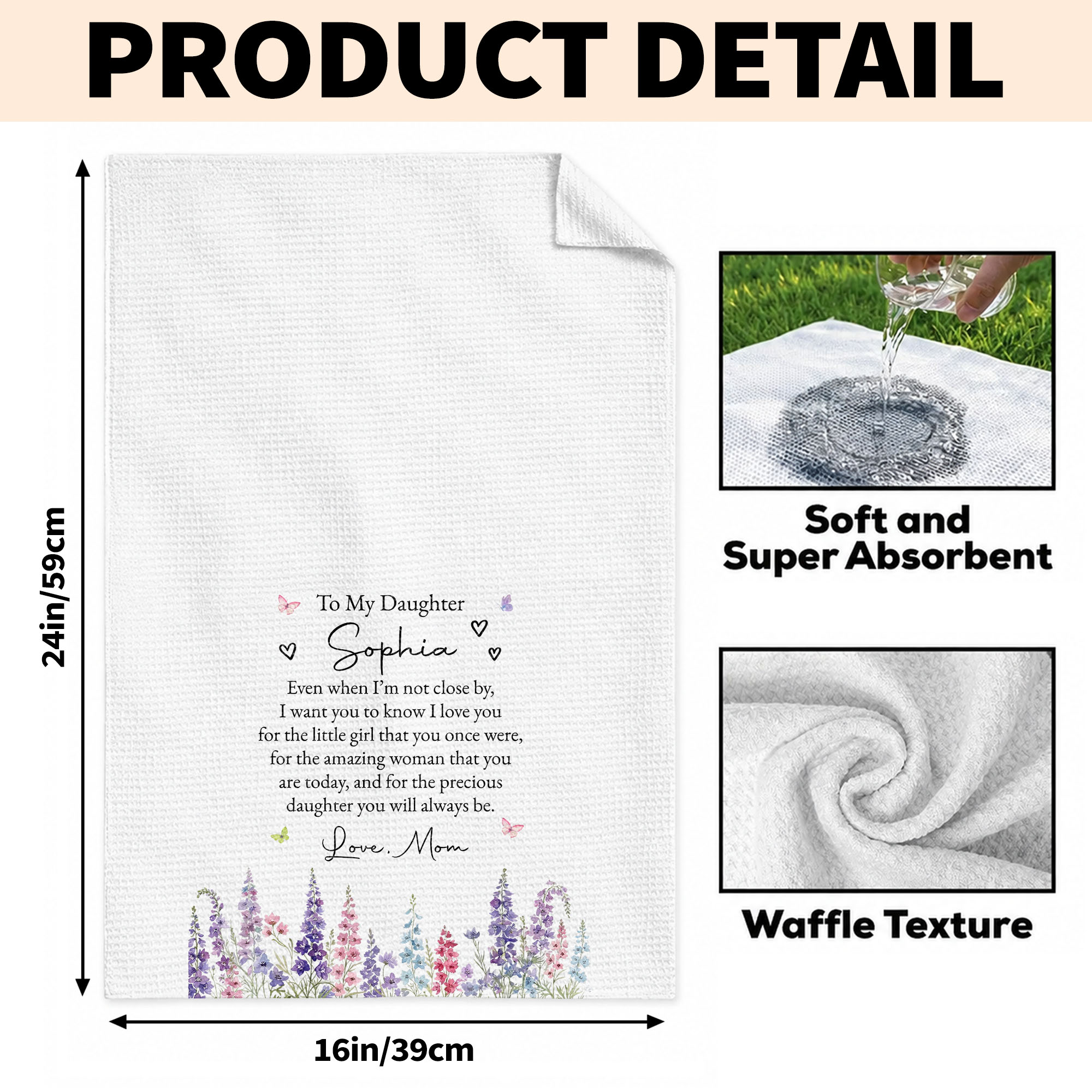 Personalized Kitchen Towel for Daughter with Flowers & Butterflies Gift