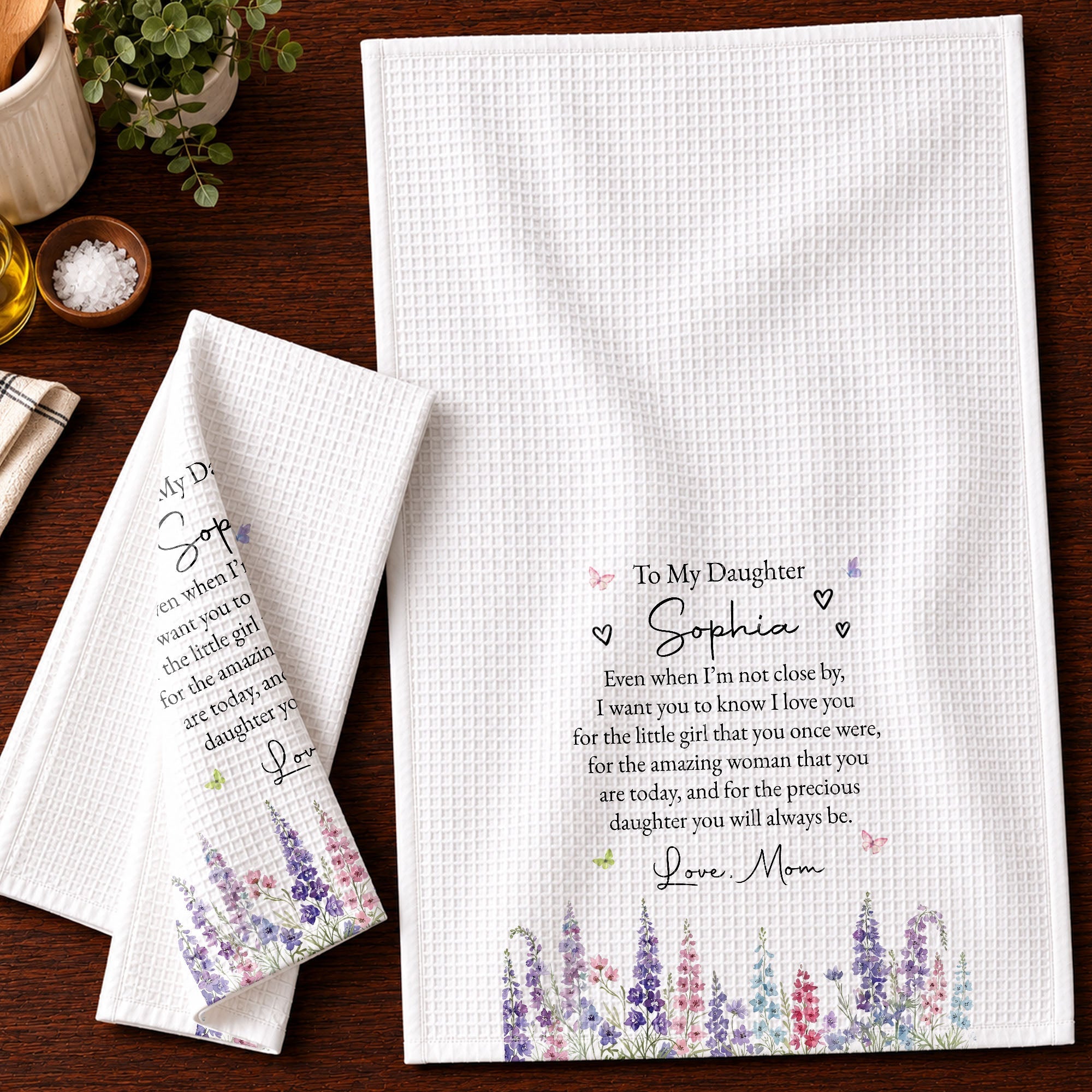 Personalized Kitchen Towel for Daughter with Flowers & Butterflies Gift