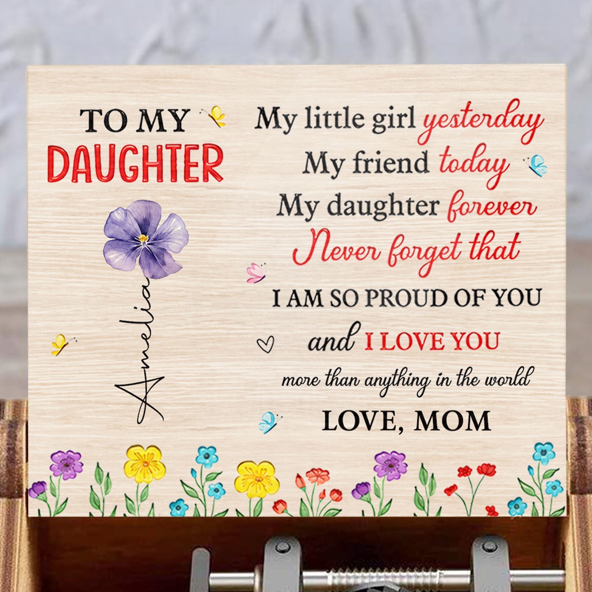 Custom Wooden Music Box with Birth Month Flowers for Daughter