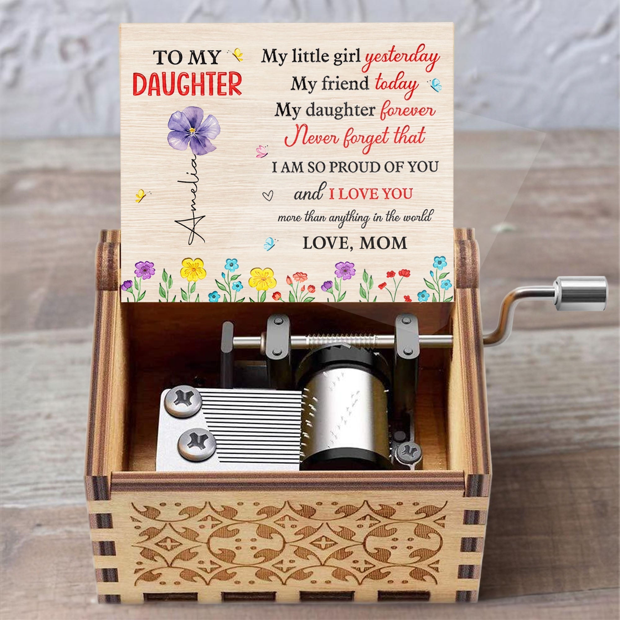Custom Wooden Music Box with Birth Month Flowers for Daughter