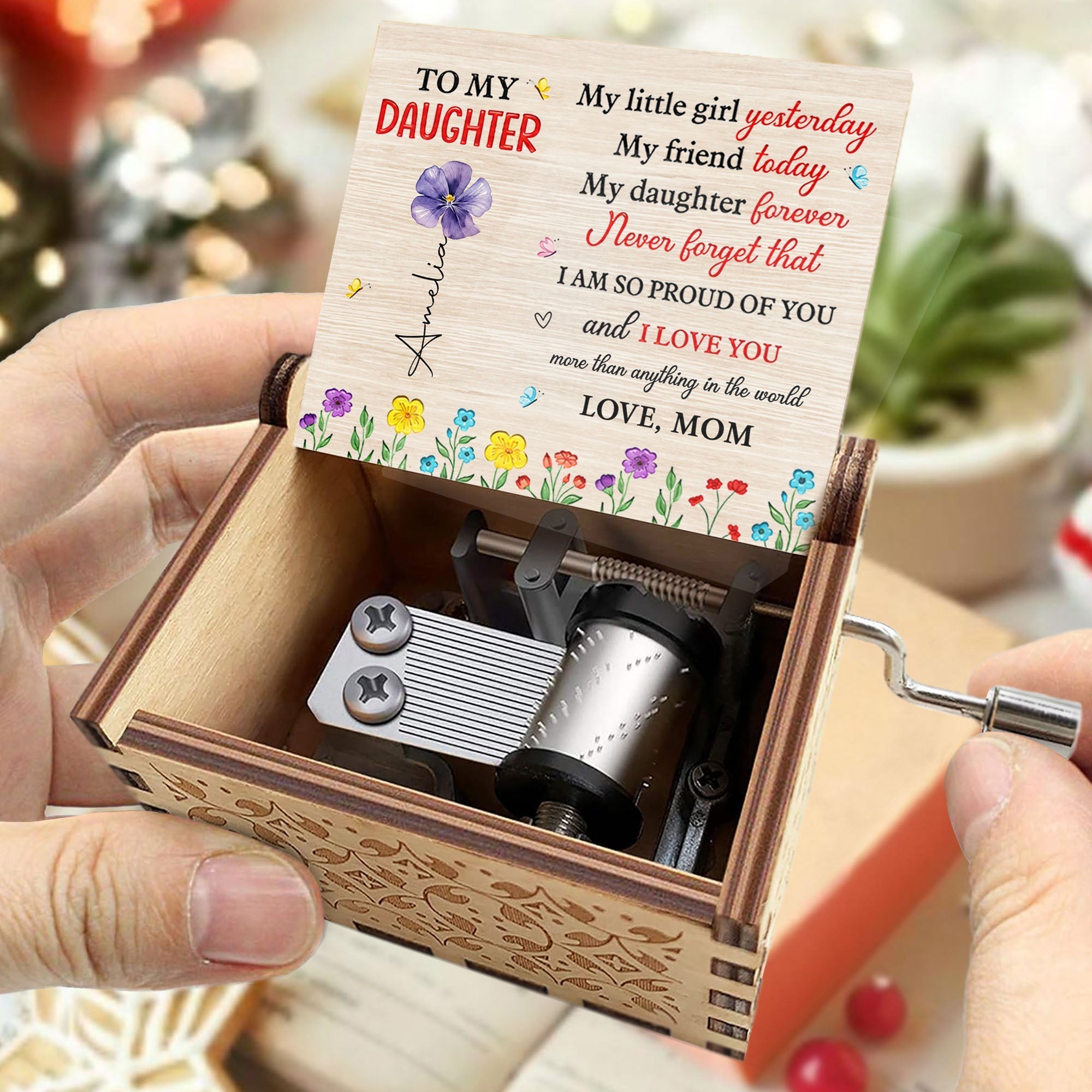 Custom Wooden Music Box with Birth Month Flowers for Daughter