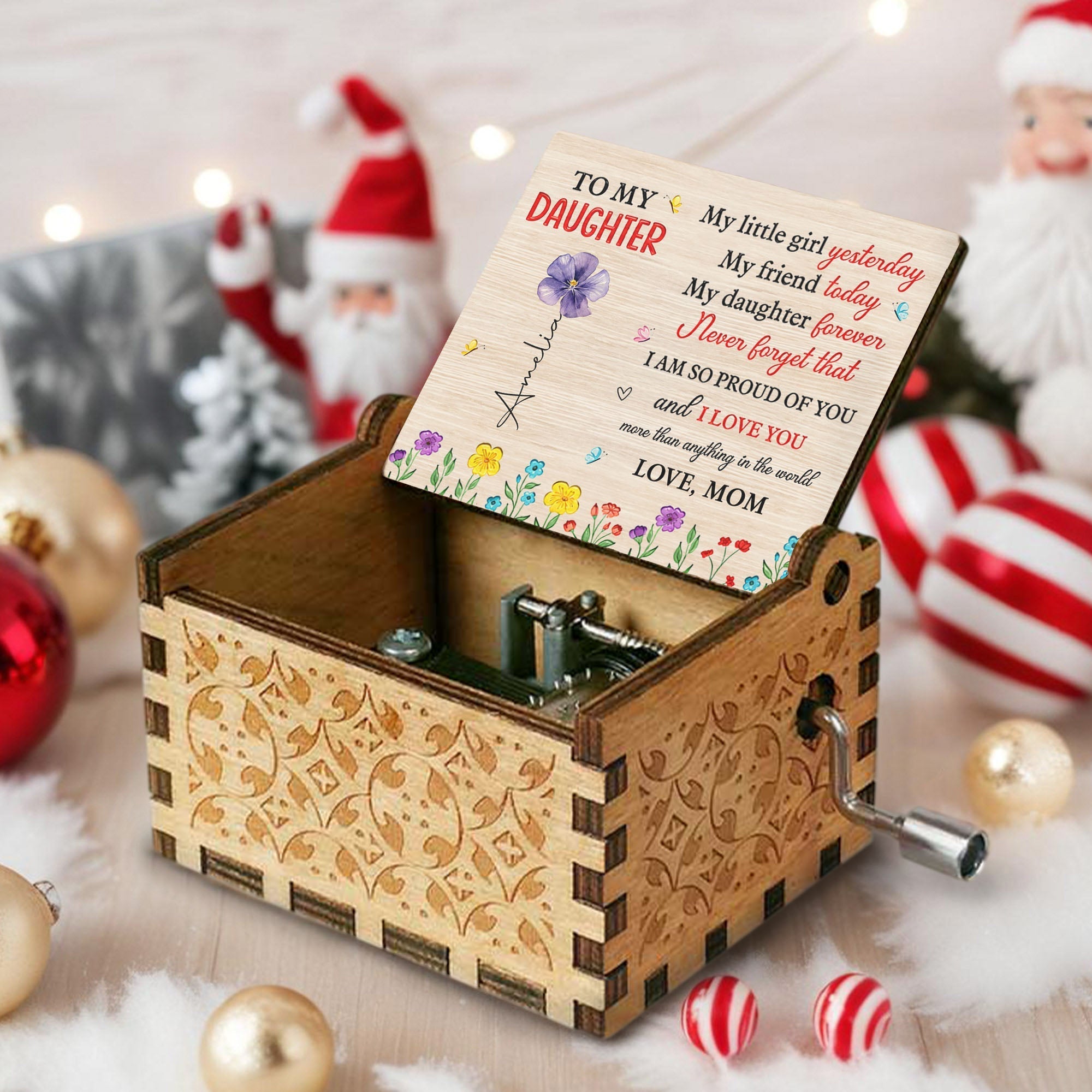 Custom Wooden Music Box with Birth Month Flowers for Daughter