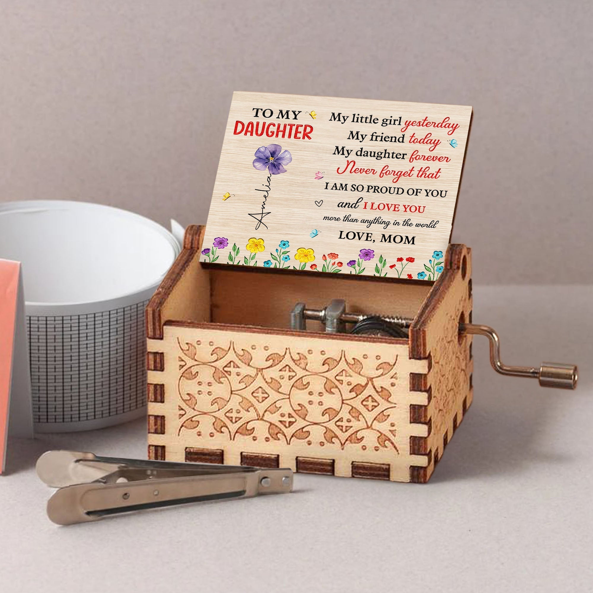 Custom Wooden Music Box with Birth Month Flowers for Daughter
