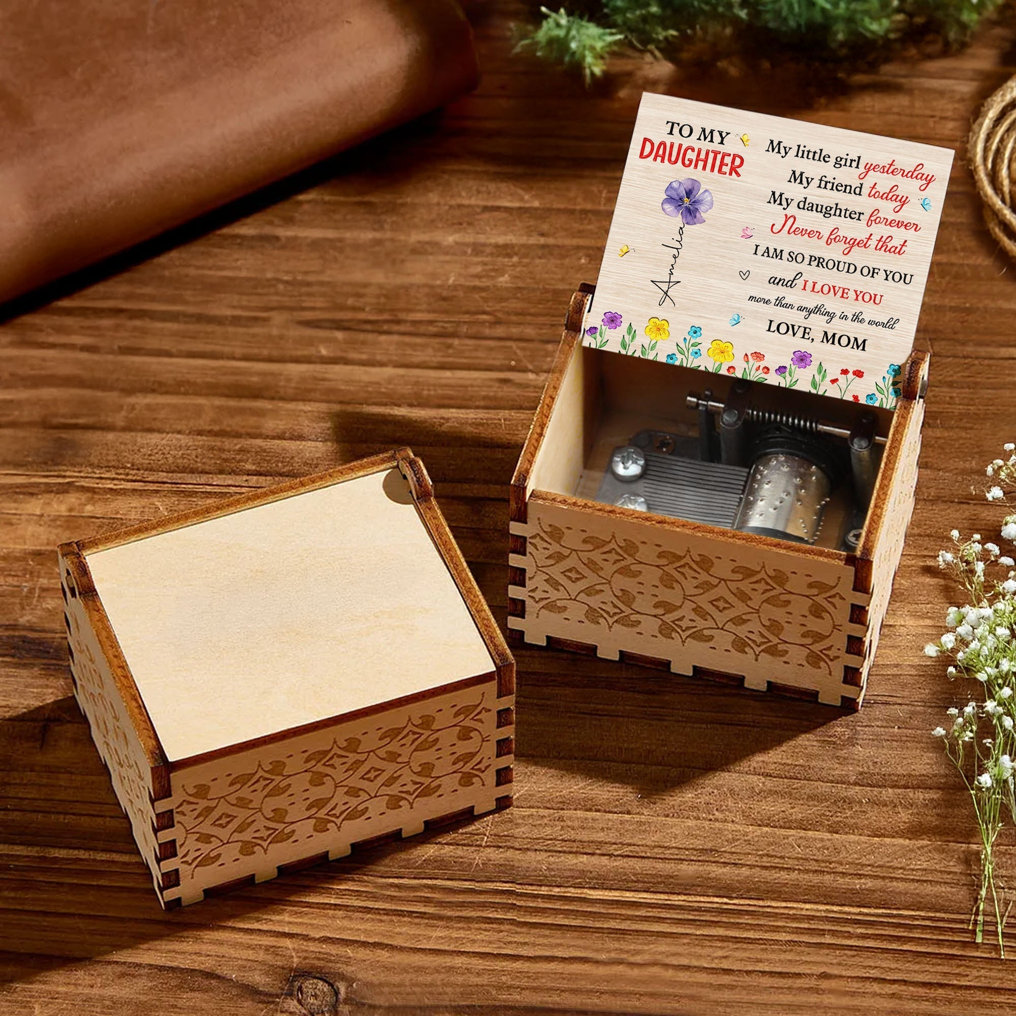 Custom Wooden Music Box with Birth Month Flowers for Daughter
