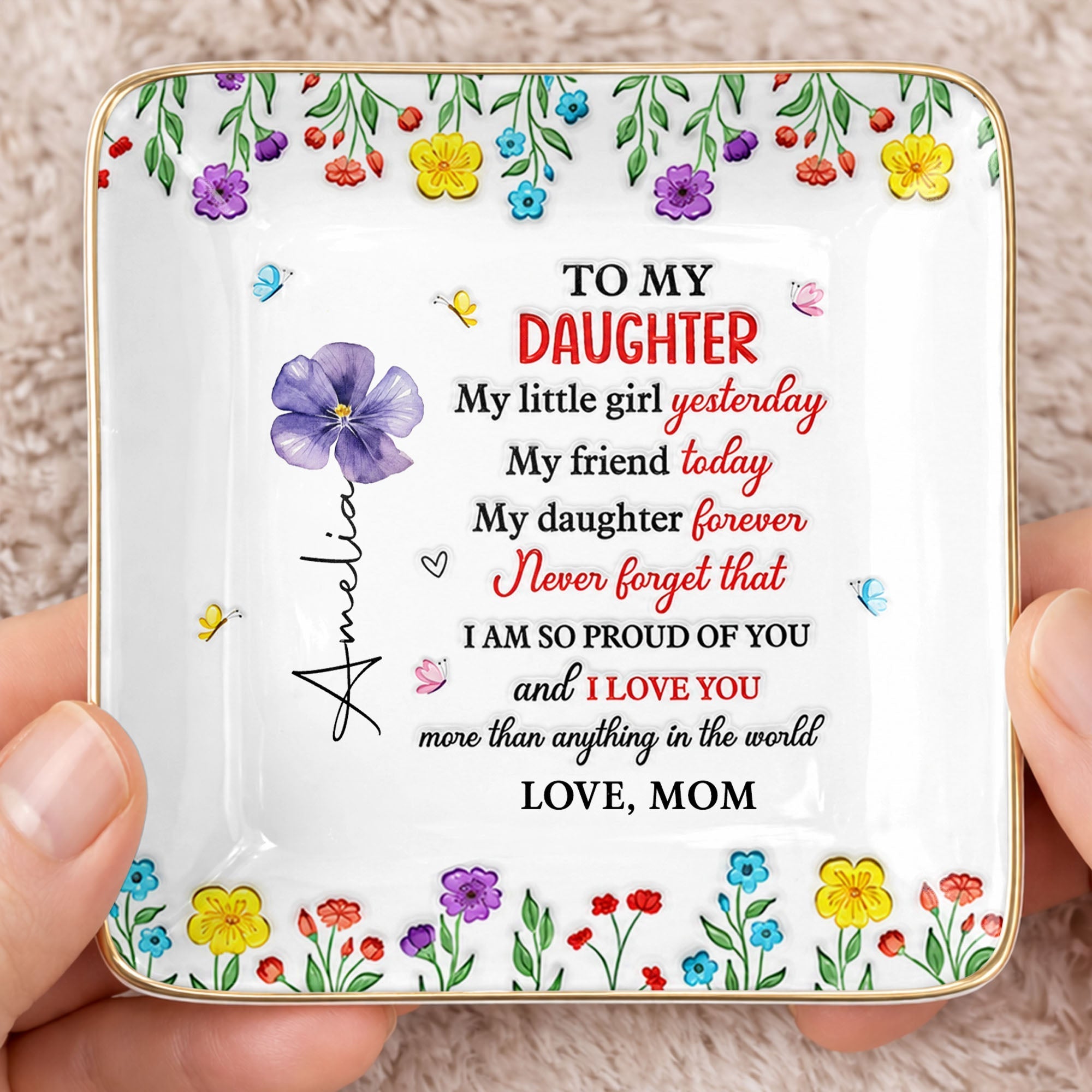 Personalized Ceramic Jewelry Dish Gift for Daughter - Floral Butterflies