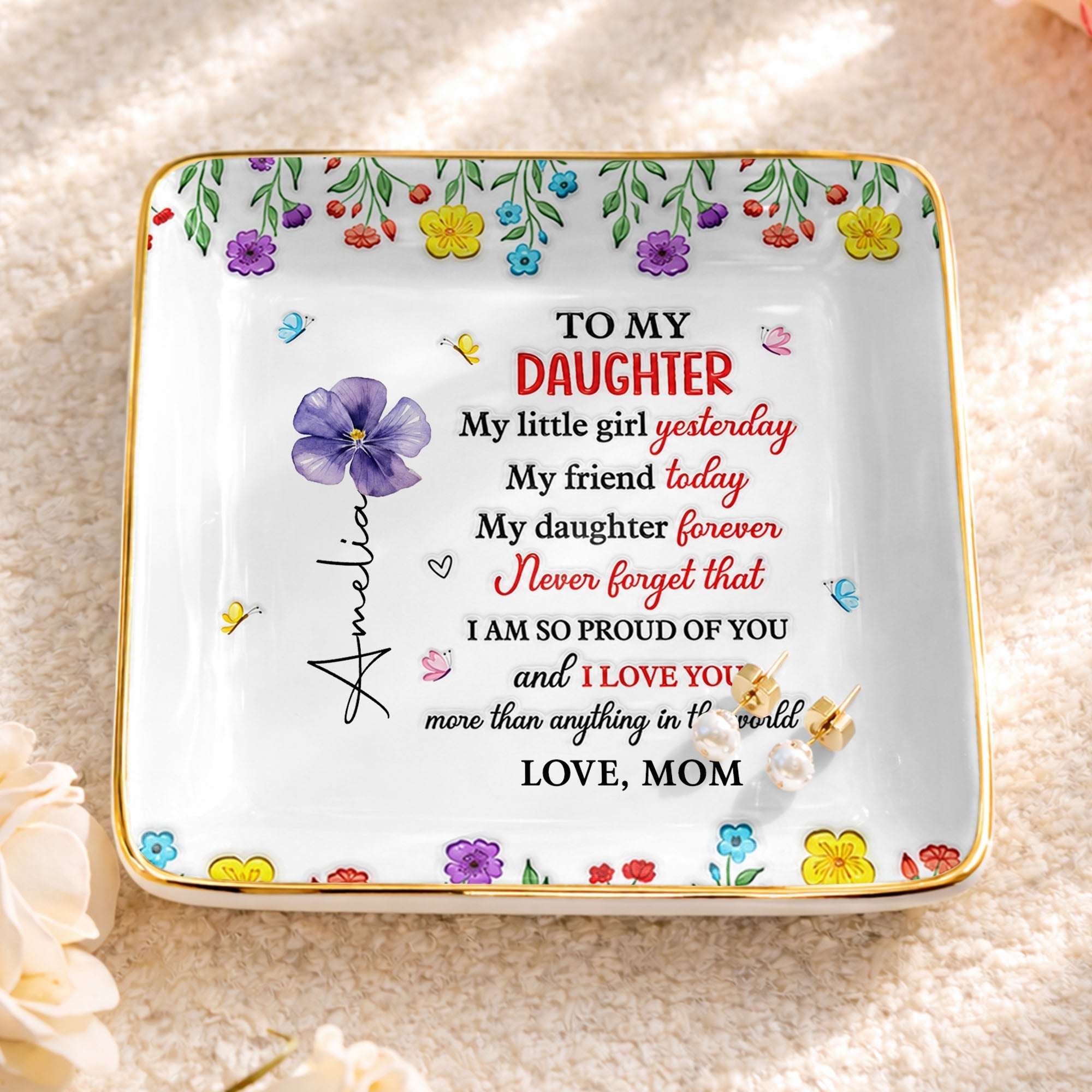 Personalized Ceramic Jewelry Dish Gift for Daughter - Floral Butterflies