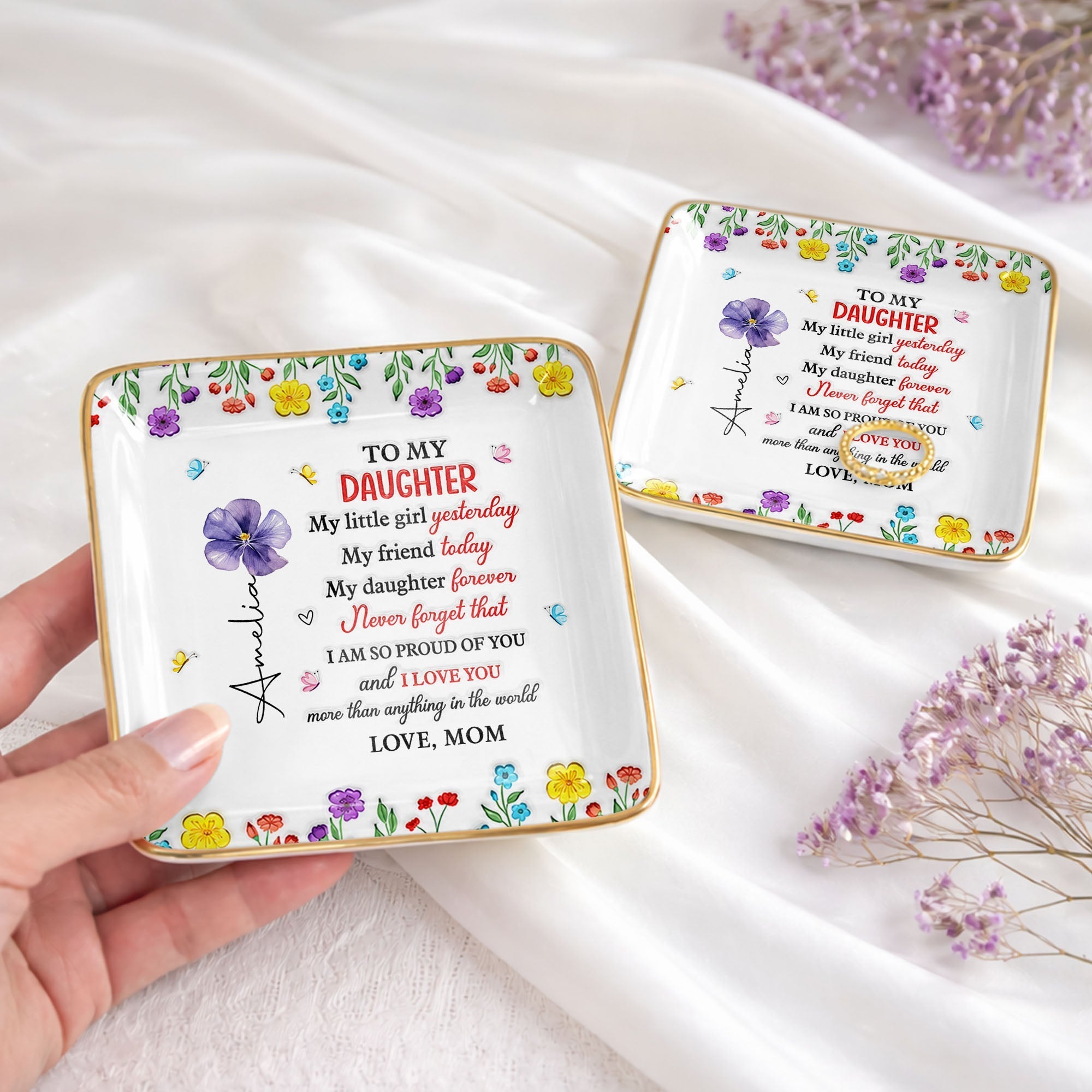 Personalized Ceramic Jewelry Dish Gift for Daughter - Floral Butterflies
