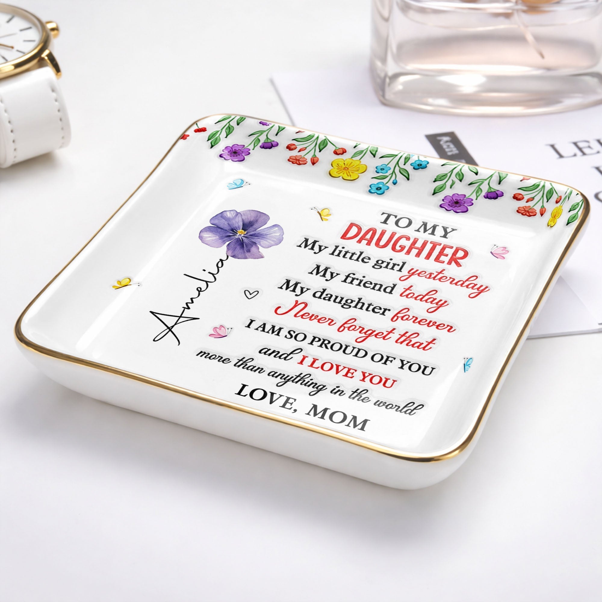 Personalized Ceramic Jewelry Dish Gift for Daughter - Floral Butterflies