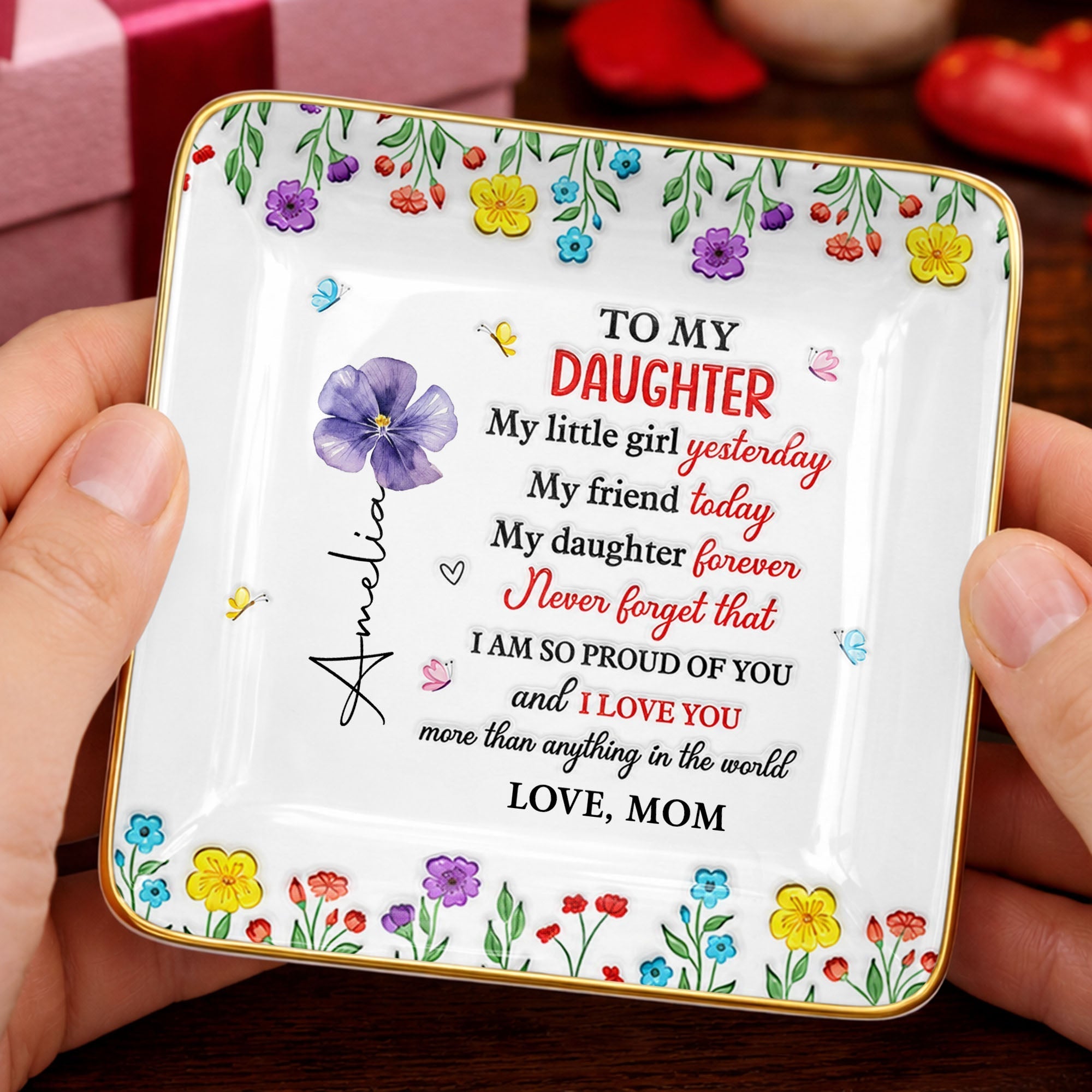 Personalized Ceramic Jewelry Dish Gift for Daughter - Floral Butterflies