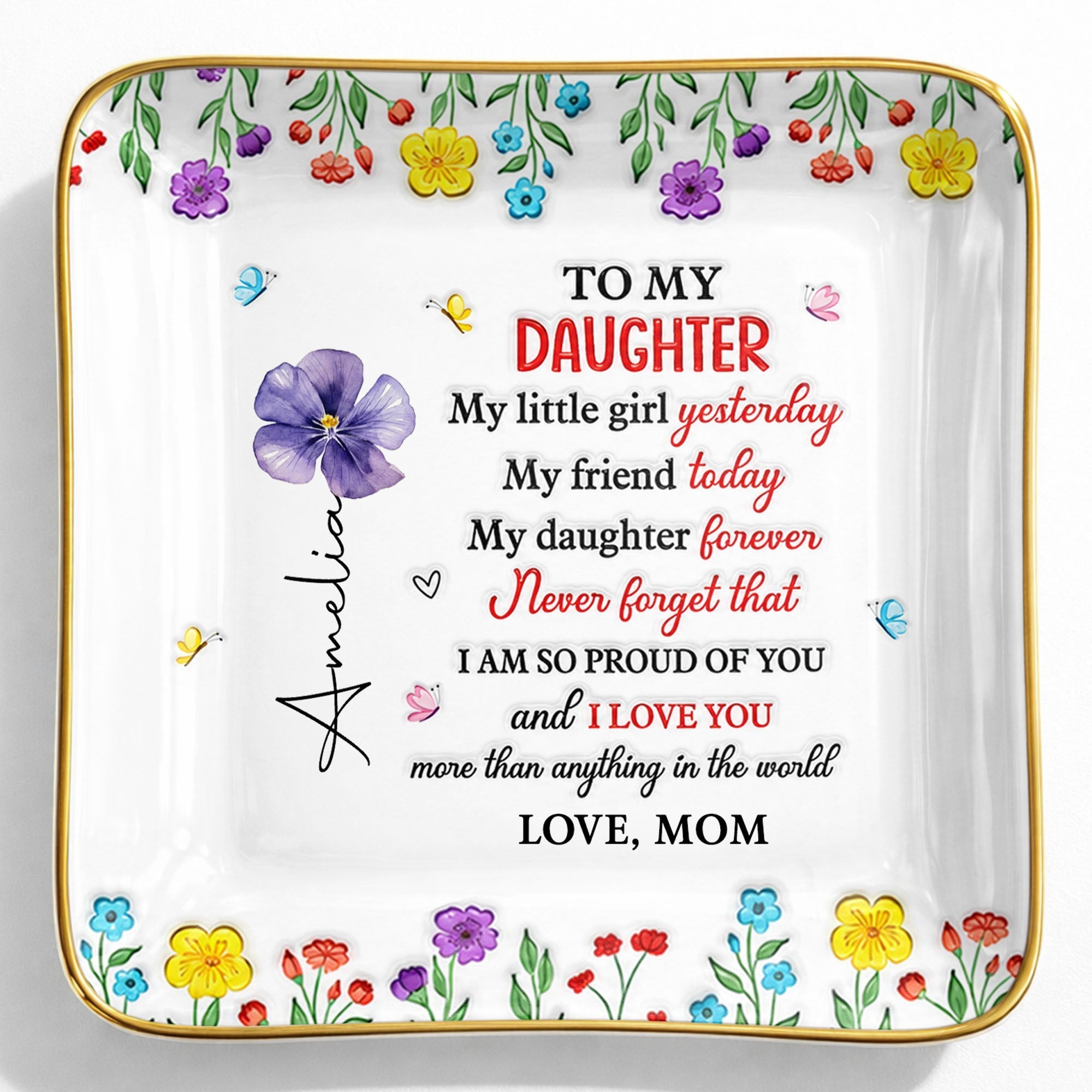 Personalized Ceramic Jewelry Dish Gift for Daughter - Floral Butterflies