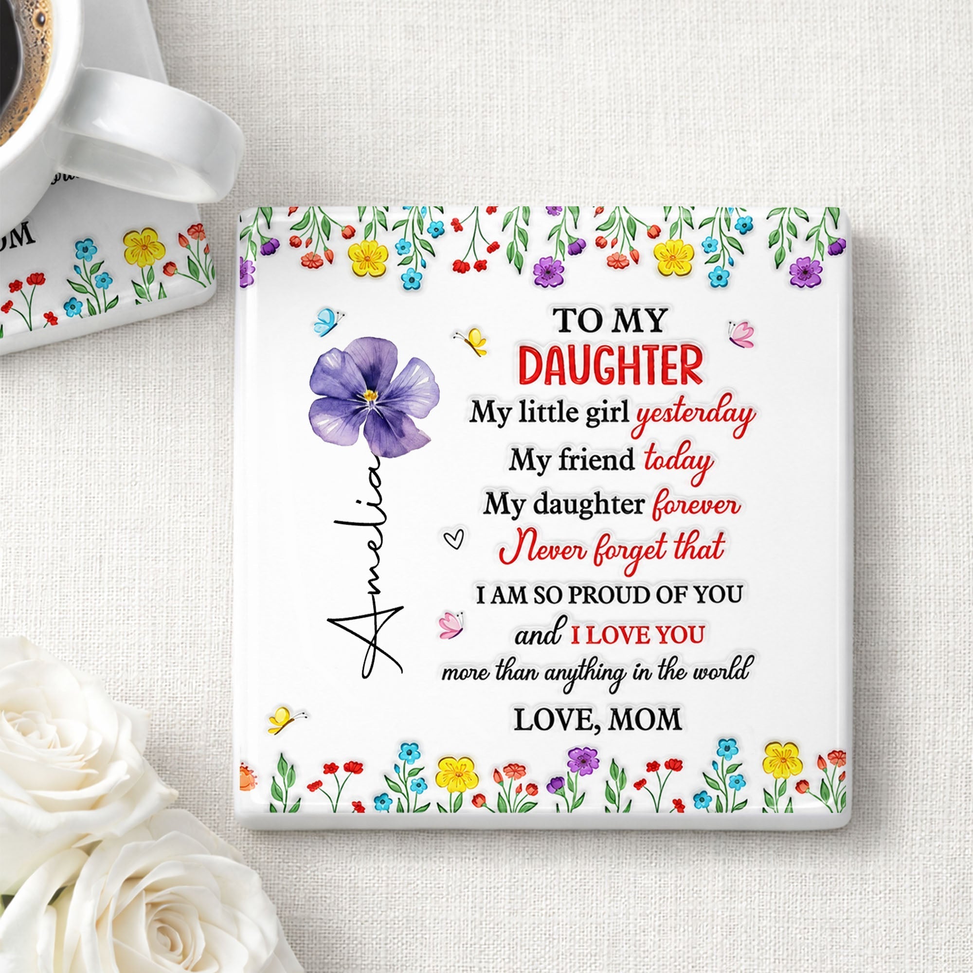 Personalized Ceramic Coaster for Daughter Custom Gift Idea