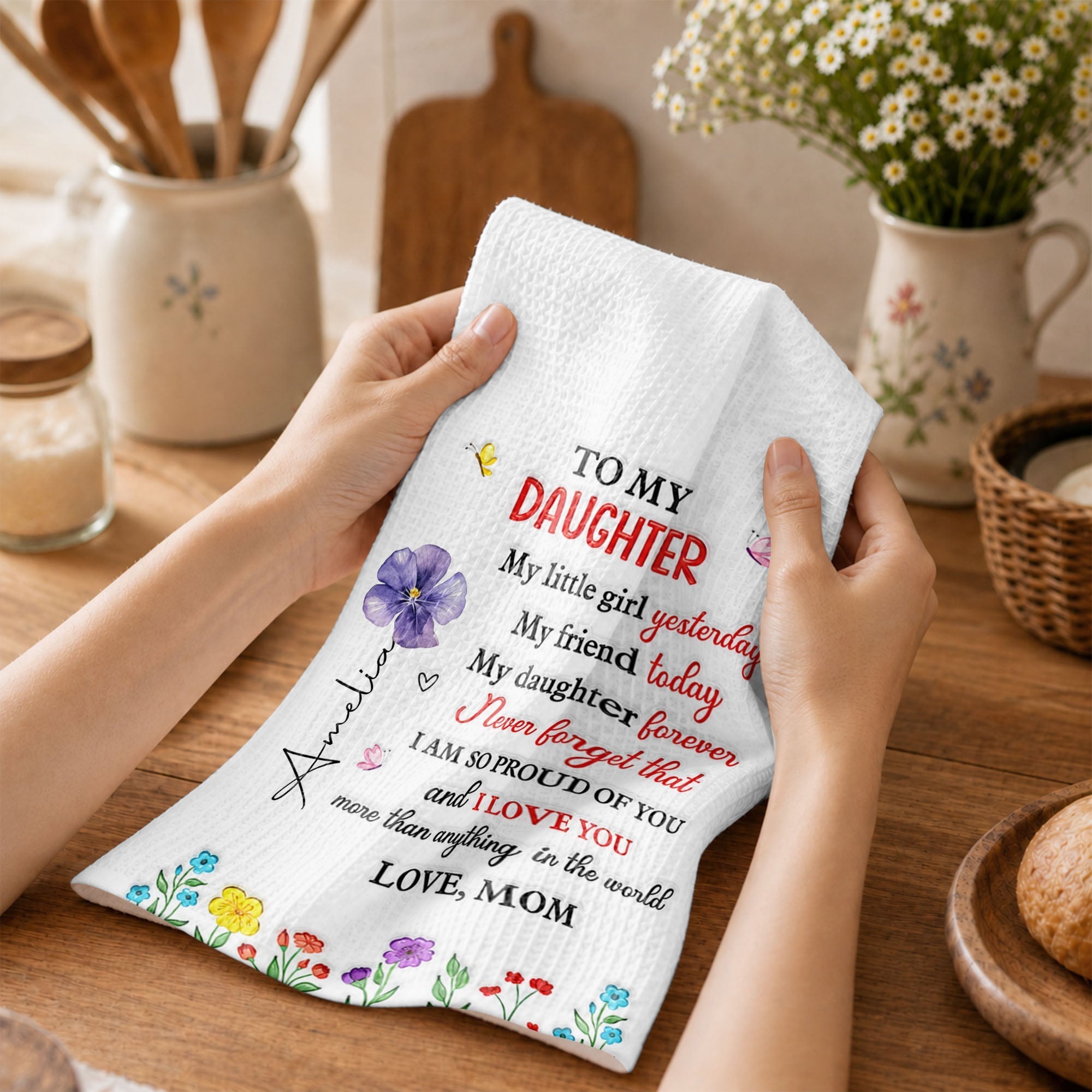 Personalized Kitchen Towel for Daughter Custom Message Gift