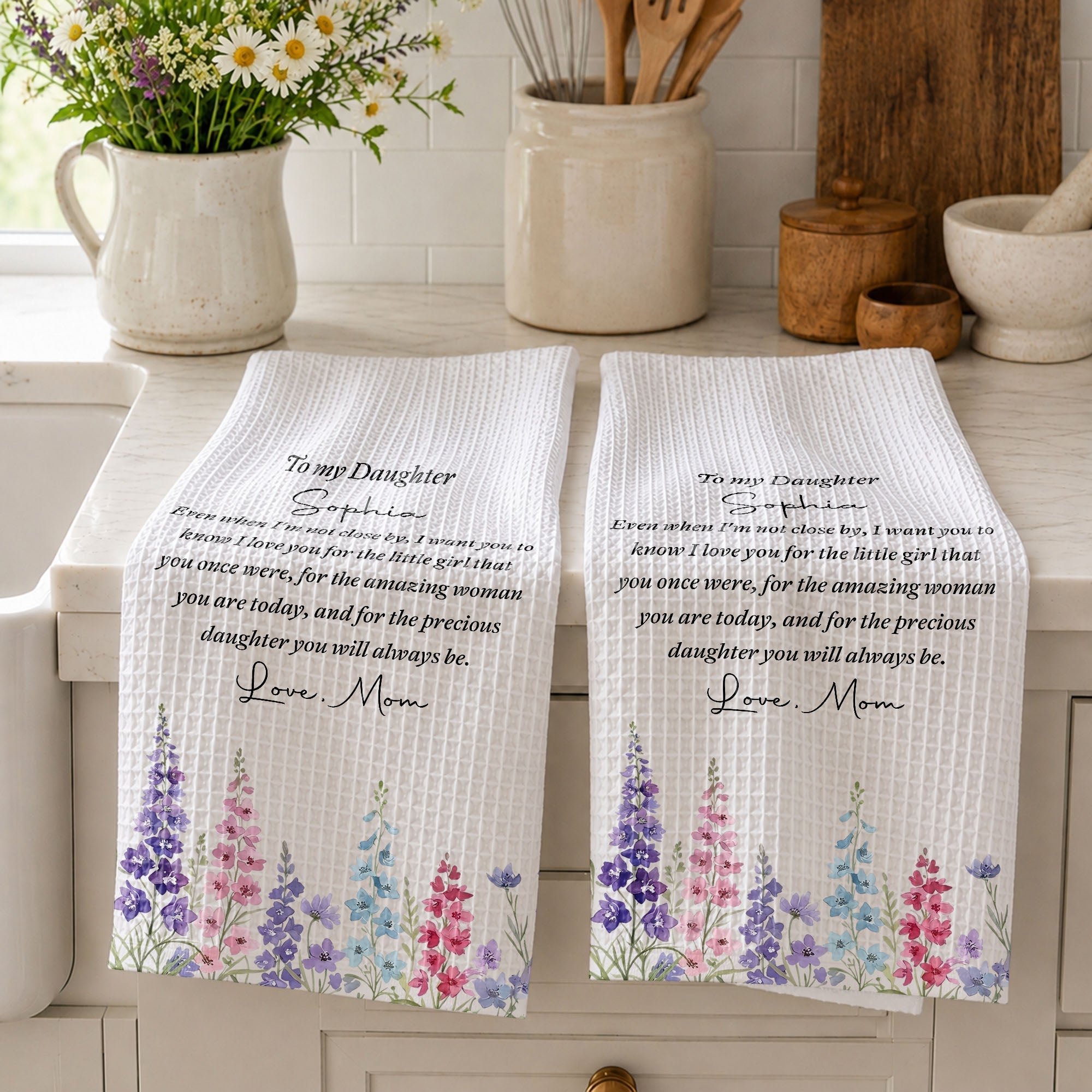 Personalized Kitchen Towel Birth Month Flowers Gift for Daughter