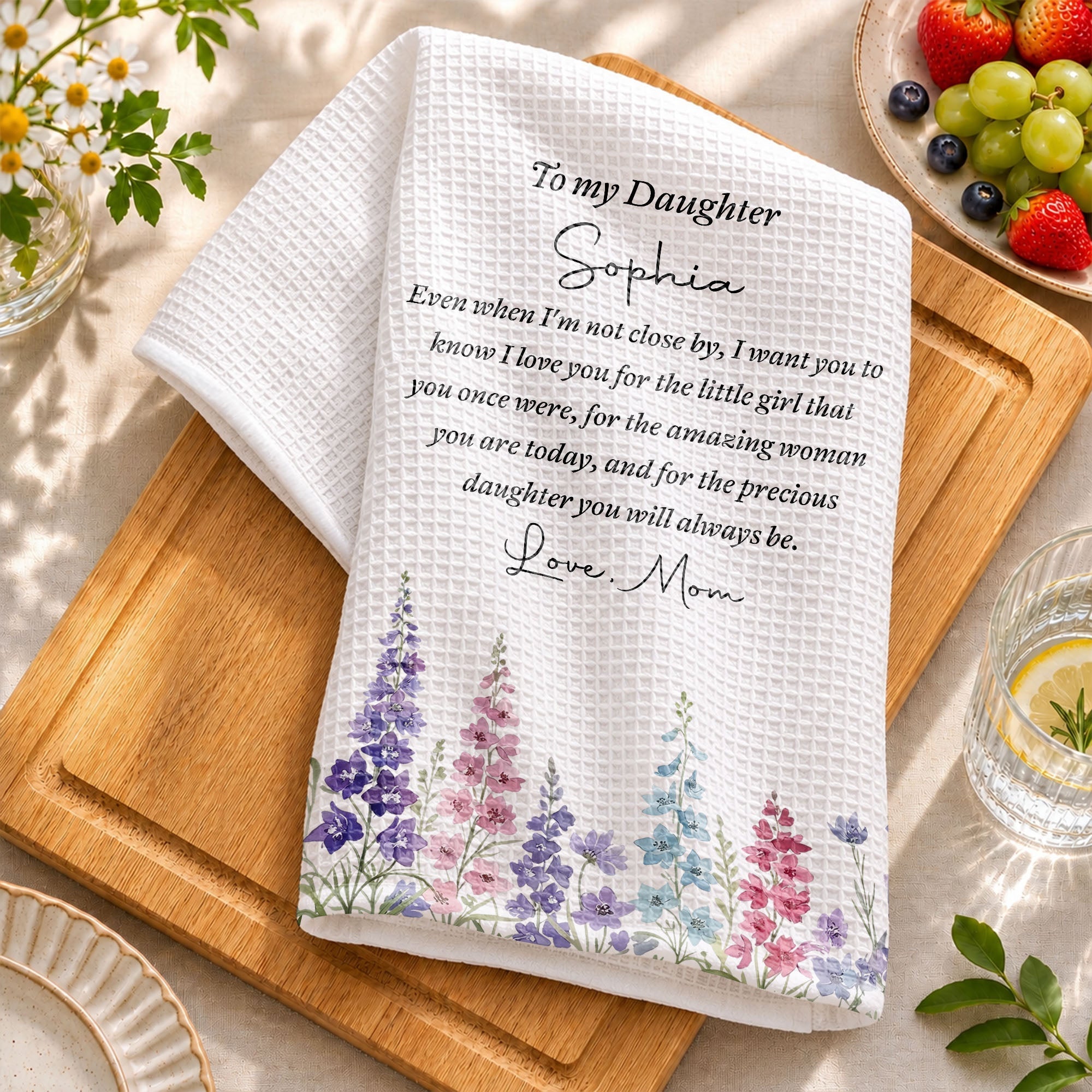 Personalized Kitchen Towel Birth Month Flowers Gift for Daughter