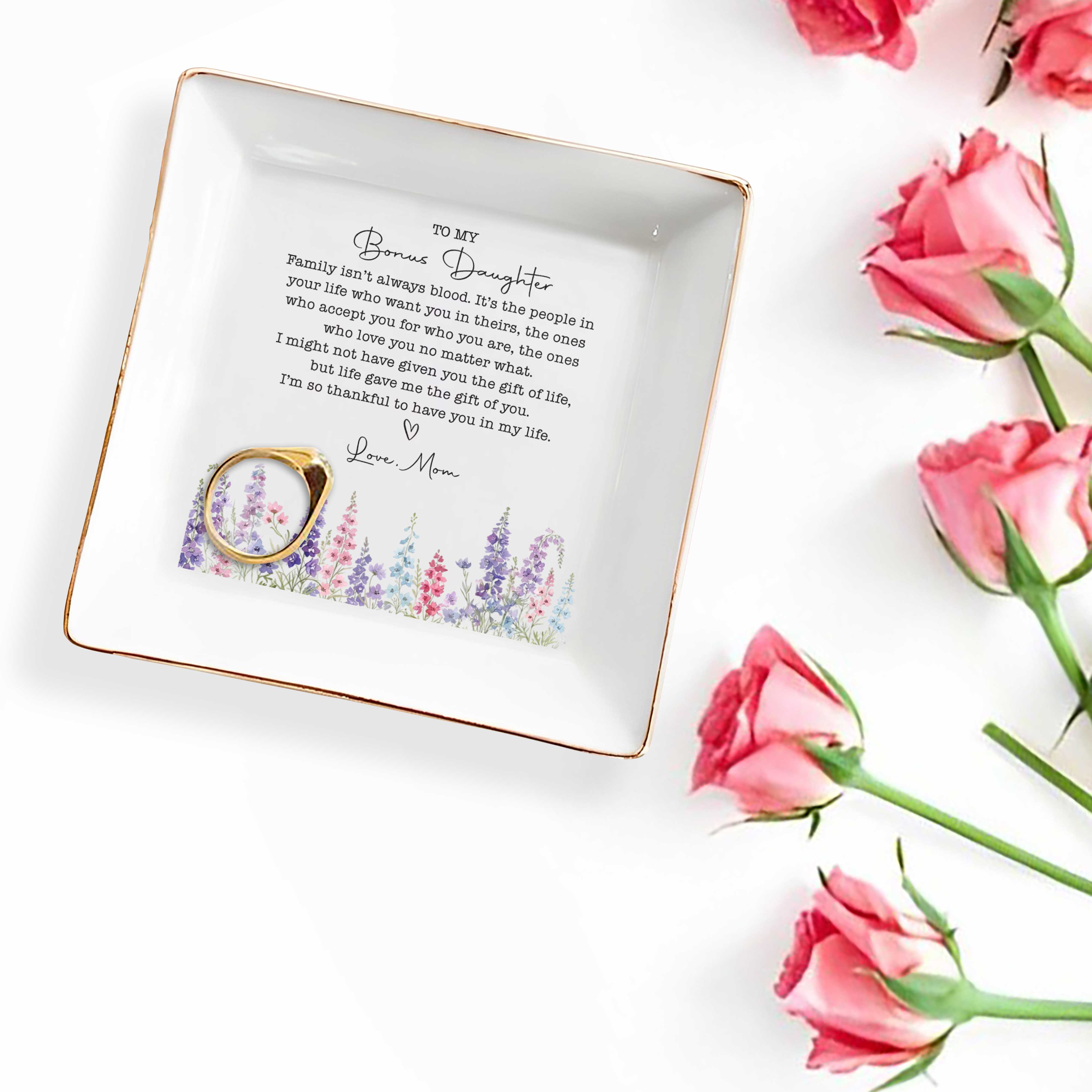 Personalized Floral Heart Jewelry Dish Custom Gift for Bonus Daughter