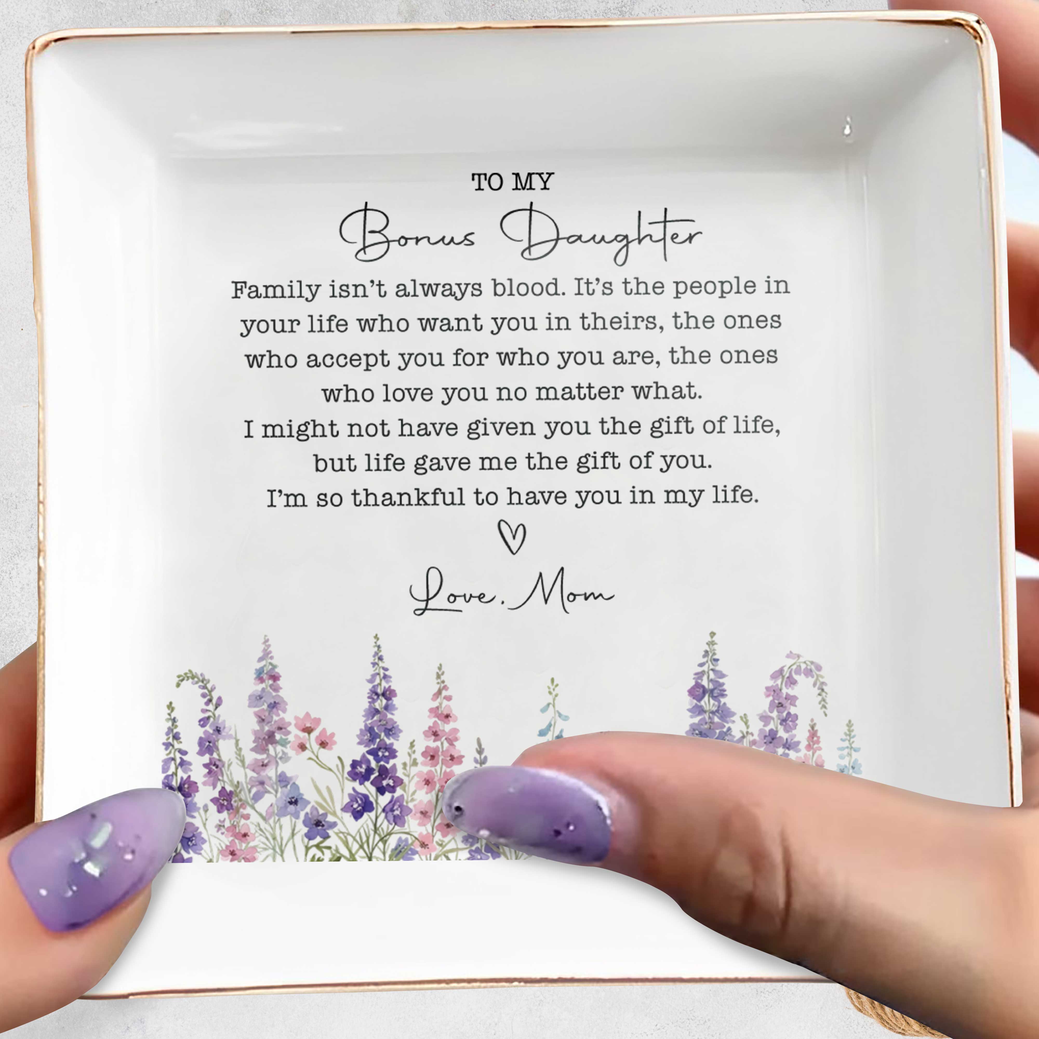 Personalized Floral Heart Jewelry Dish Custom Gift for Bonus Daughter