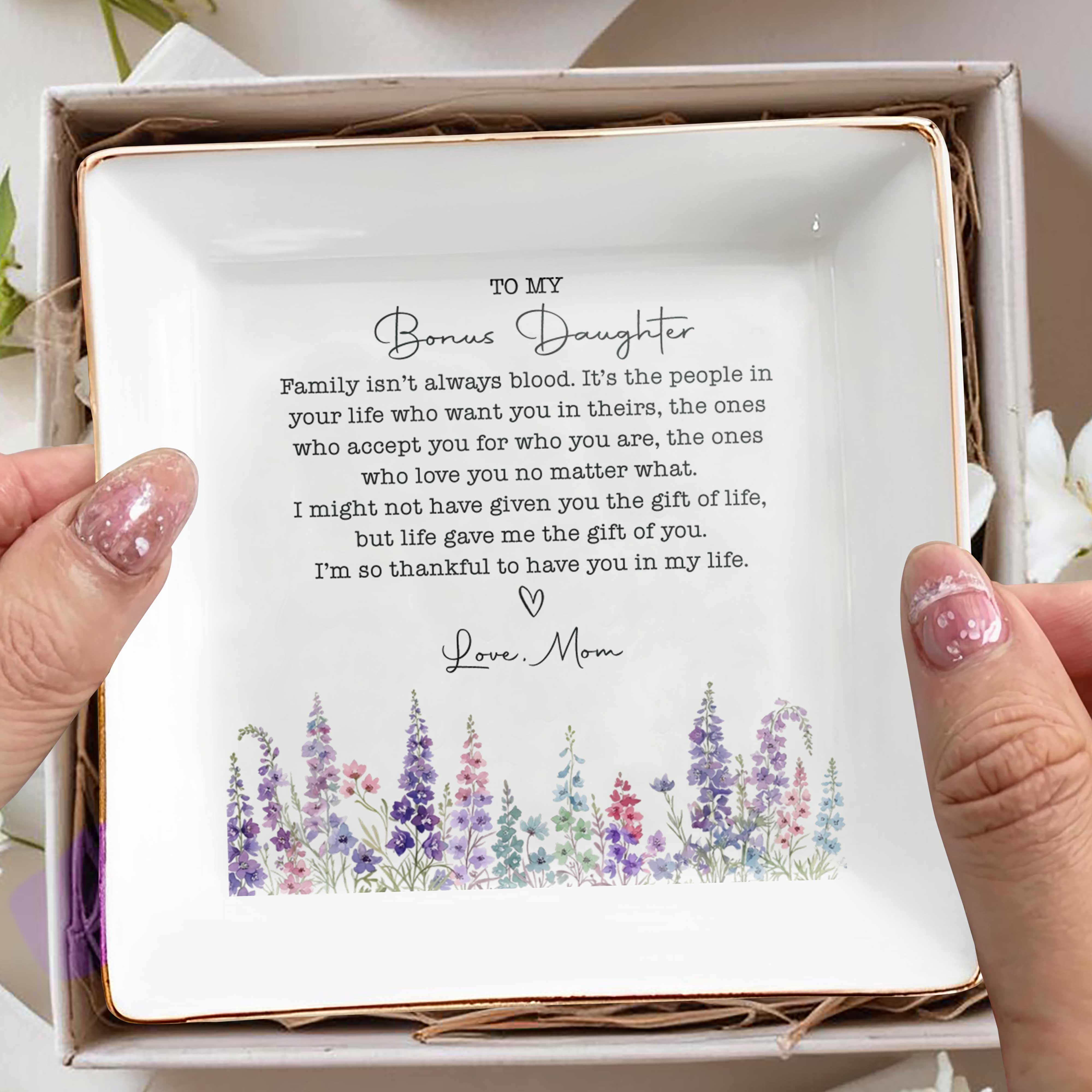 Personalized Floral Heart Jewelry Dish Custom Gift for Bonus Daughter