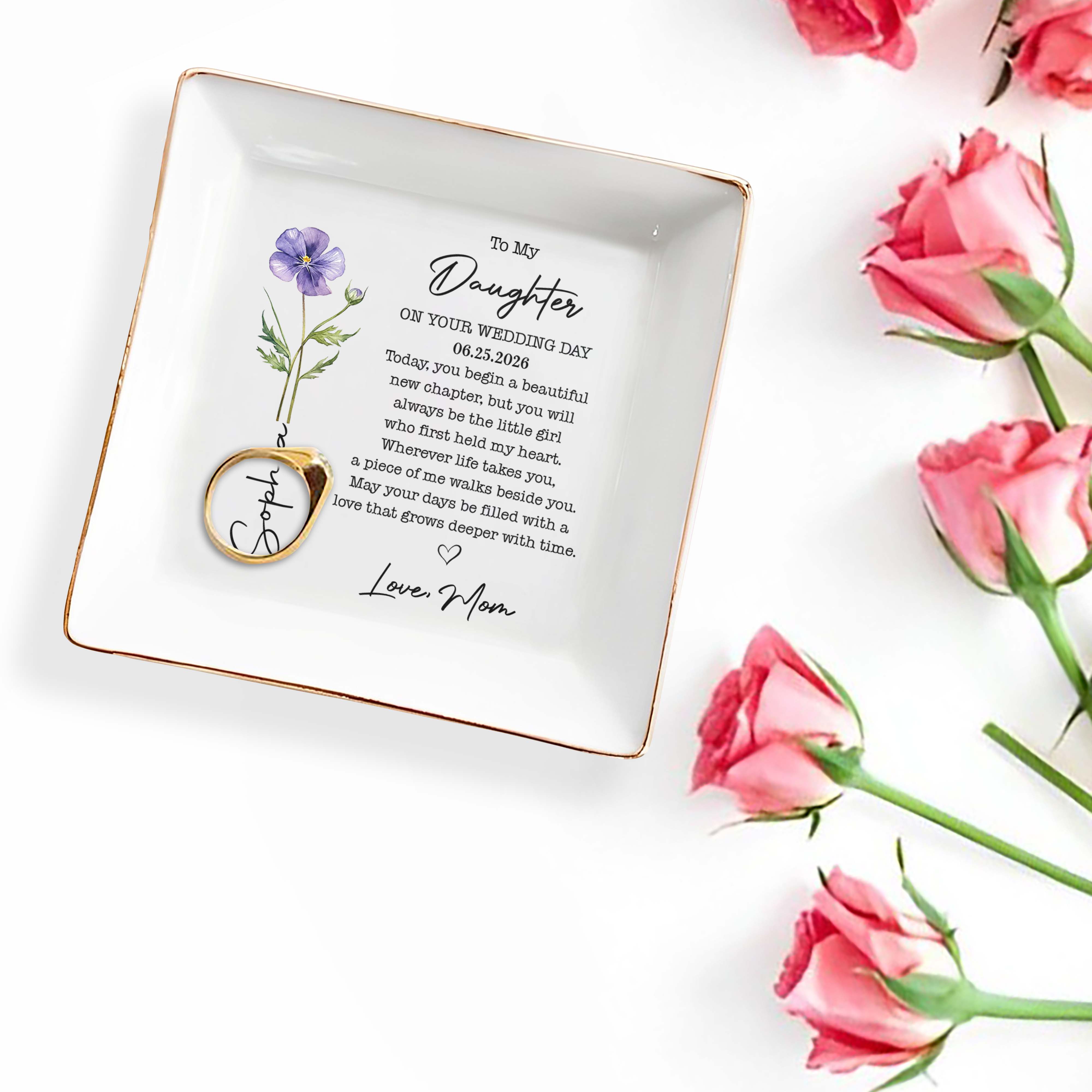 Personalized Birth Month Flower Jewelry Dish Custom Gift for Daughter